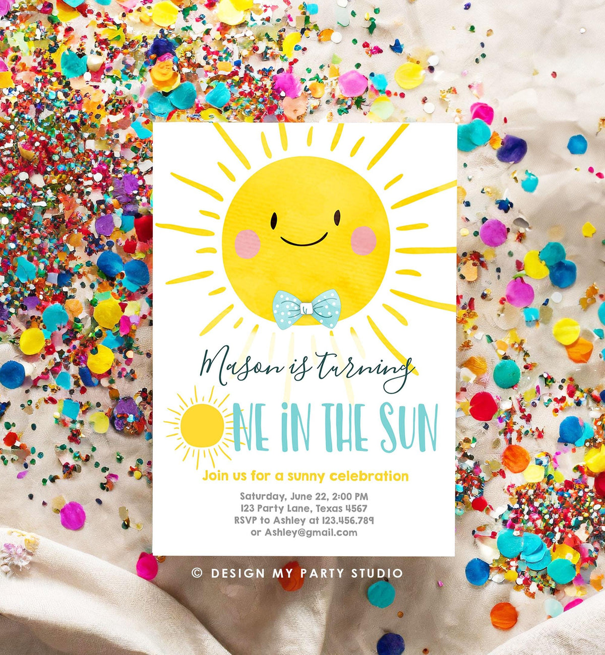Editable One in the Sun Sunshine Birthday Invitation Summer Party First Birthday Party Boy Blue Bow Tie Download Template Printable 0141