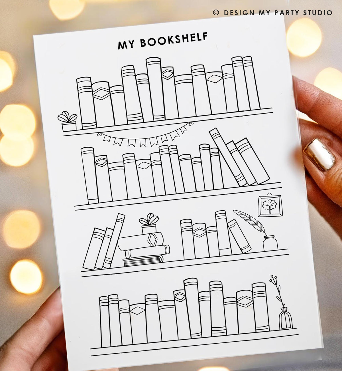May include: A black and white printable coloring page features a bookshelf with three shelves, each filled with various books.  The top shelf has a bunting decoration.  The middle shelf includes a small potted plant and a gift. The bottom shelf has a small vase with flowers. The title &amp;#39;MY BOOKSHELF&amp;#39; is at the top.