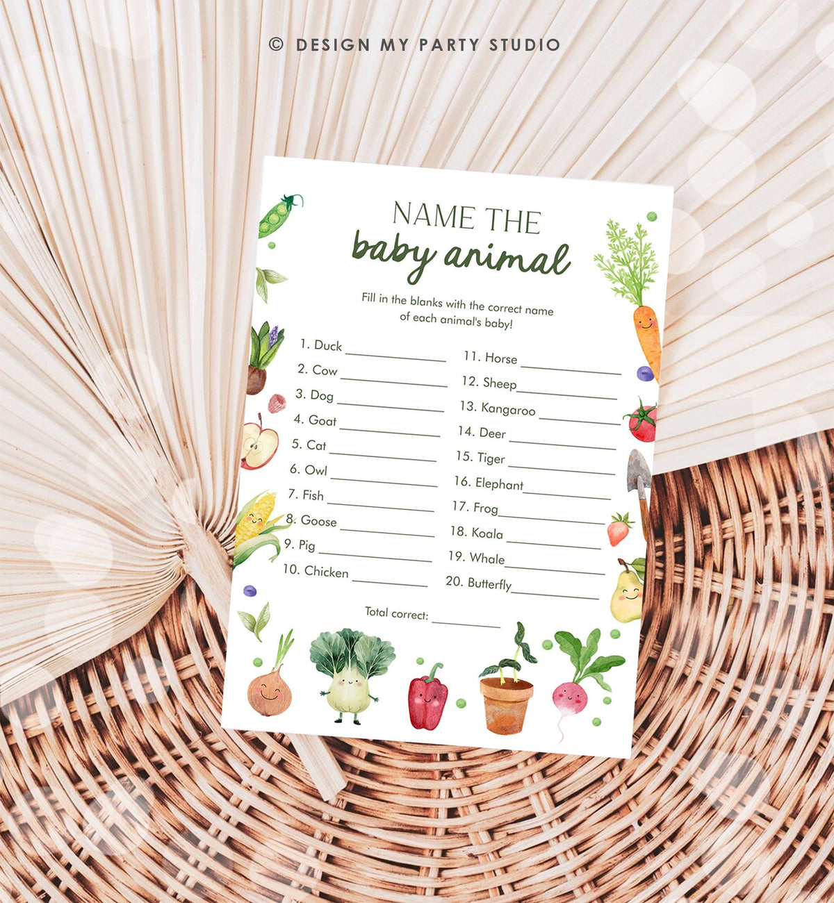 May include: A printable baby animal game with a green and white color scheme. The game has a title that reads &amp;#39;NAME THE baby animal&amp;#39;. The game has a list of 20 animals and their babies. The game has a section for writing the total number of correct answers. The game has a green and white background with illustrations of vegetables and fruits.
