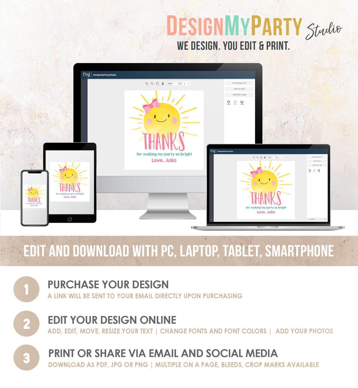 Editable Little Sunshine Favor Tags Girl Pink First Birthday Thank You Tags Label Sun Bow Square Round Corjl Template Printable 0141