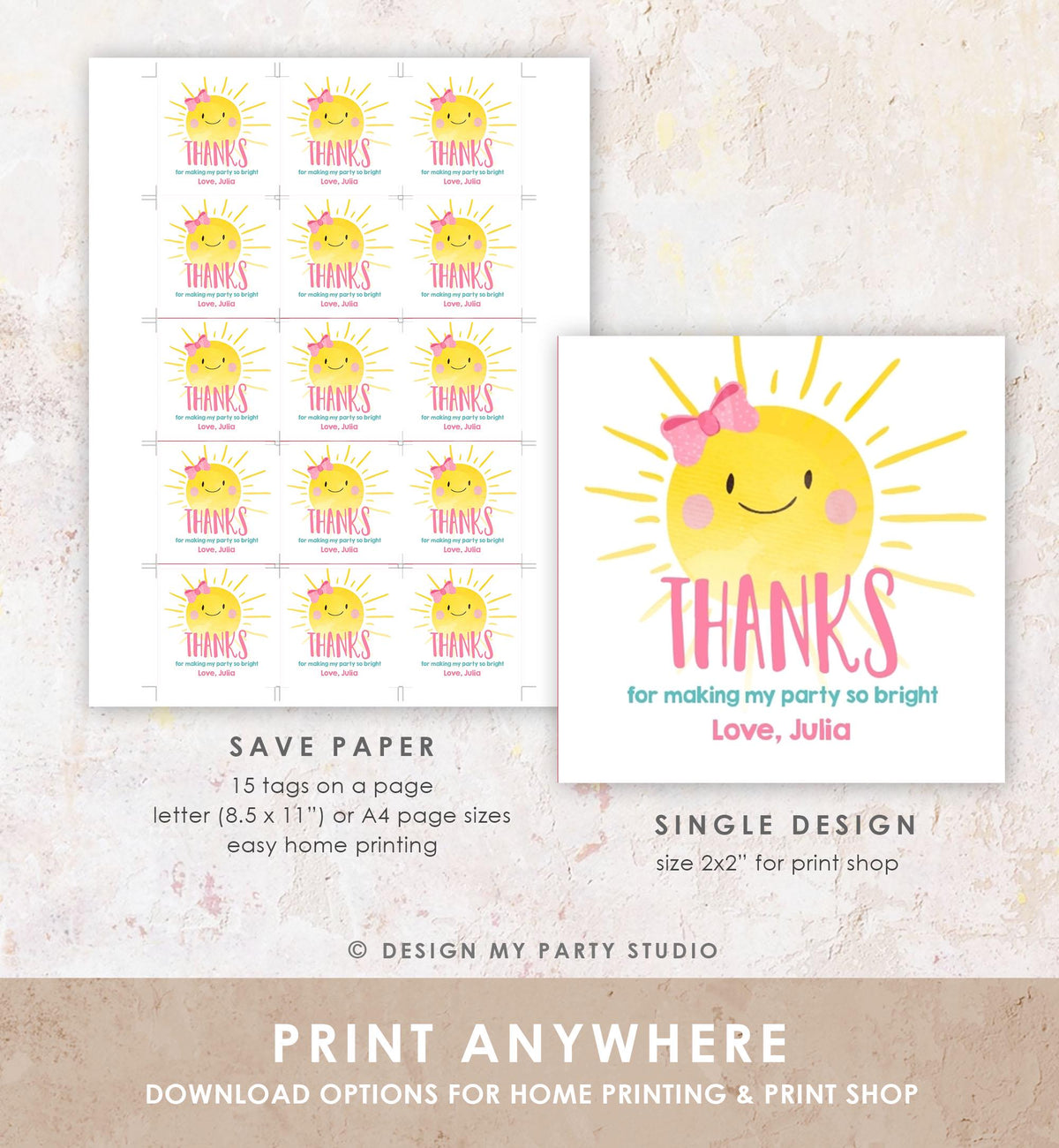 Editable Little Sunshine Favor Tags Girl Pink First Birthday Thank You Tags Label Sun Bow Square Round Corjl Template Printable 0141