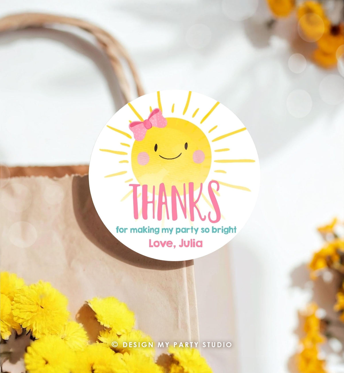 Editable Little Sunshine Favor Tags Girl Pink First Birthday Thank You Tags Label Sun Bow Square Round Corjl Template Printable 0141