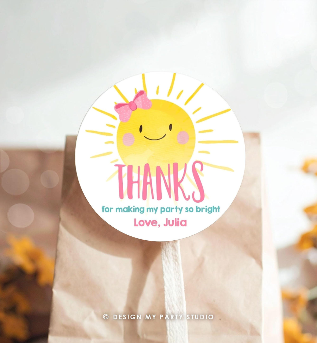 Editable Little Sunshine Favor Tags Girl Pink First Birthday Thank You Tags Label Sun Bow Square Round Corjl Template Printable 0141