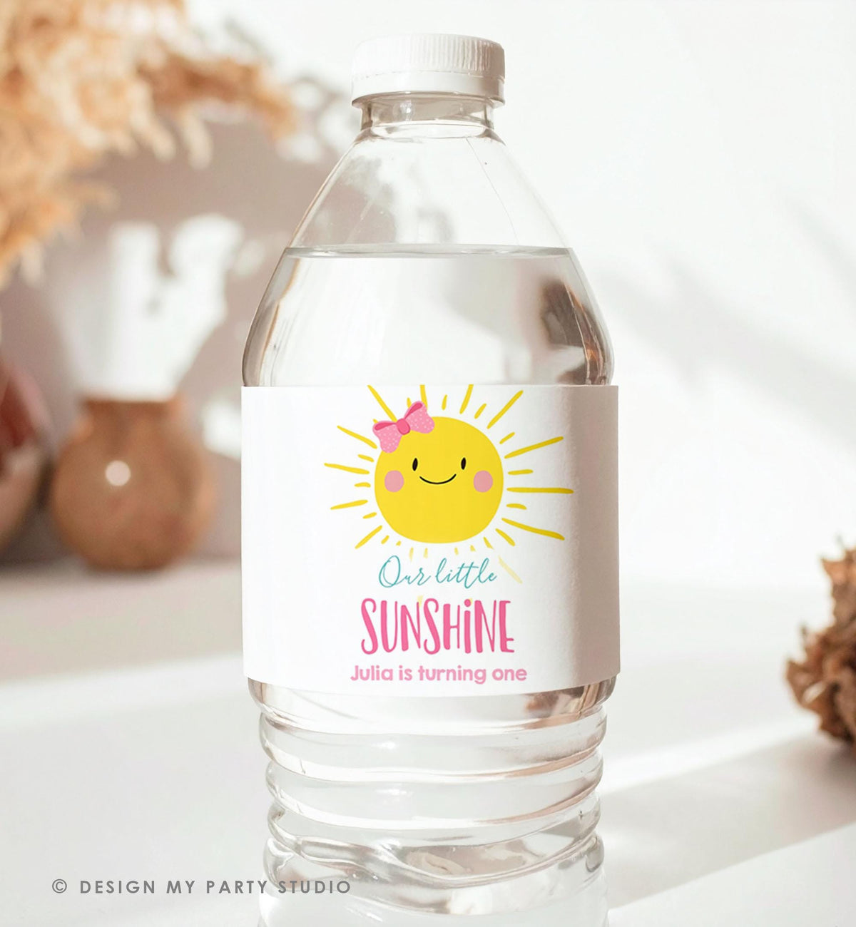 Editable Sunshine Water Bottle Label Girl Birthday One in The Sun Birthday Pink Little Sunshine Digital Download Template Printable 0141