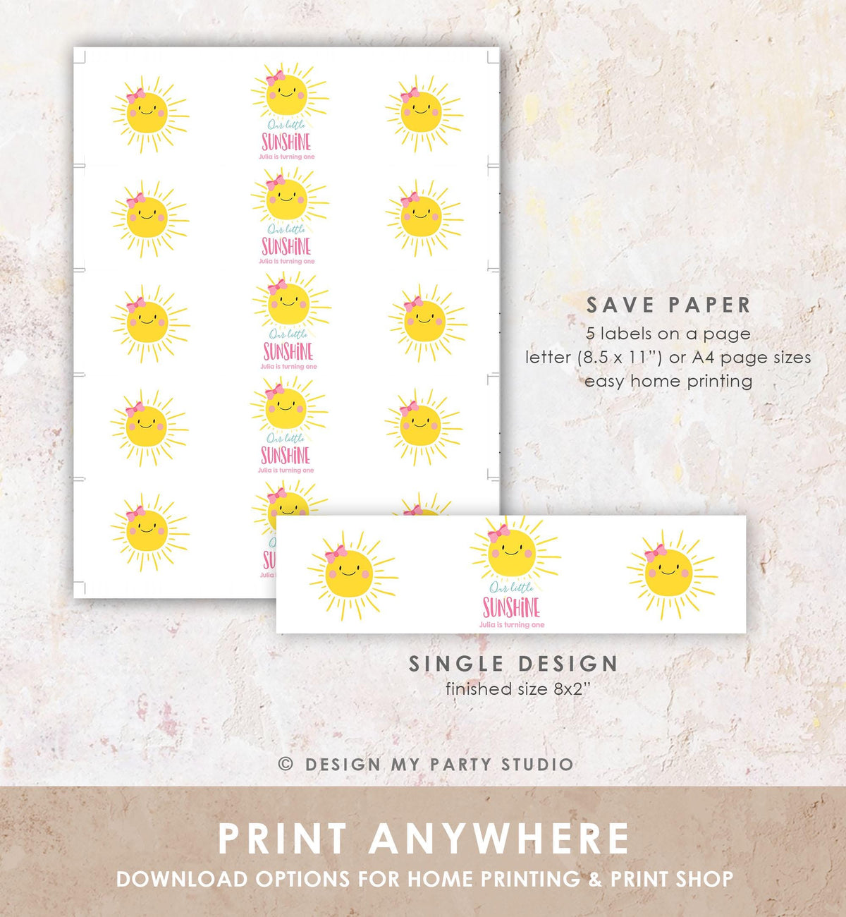 Editable Sunshine Water Bottle Label Girl Birthday One in The Sun Birthday Pink Little Sunshine Digital Download Template Printable 0141