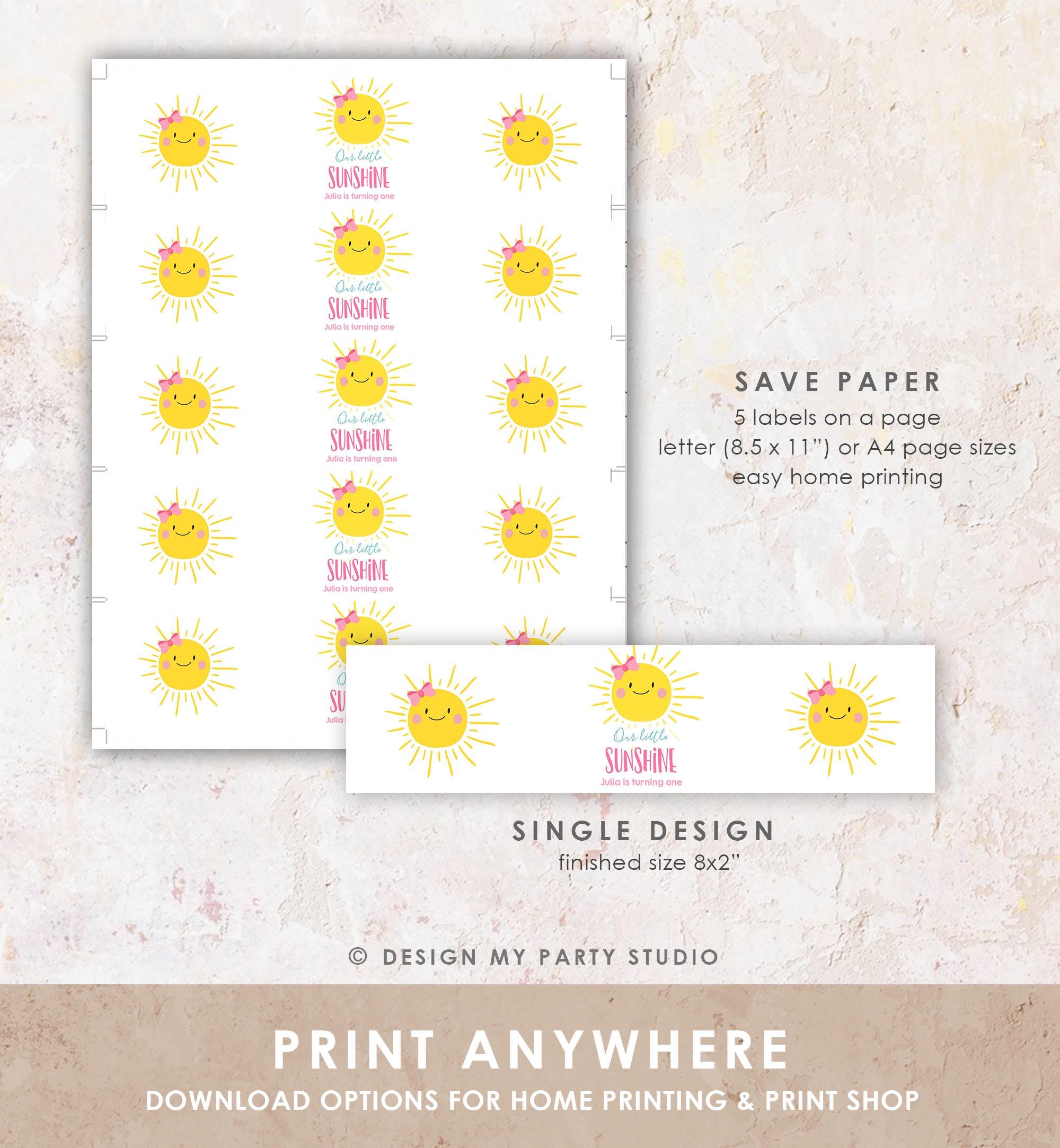 Editable Sunshine Water Bottle Label Girl Birthday One in The Sun Birthday Pink Little Sunshine Digital Download Template Printable 0141