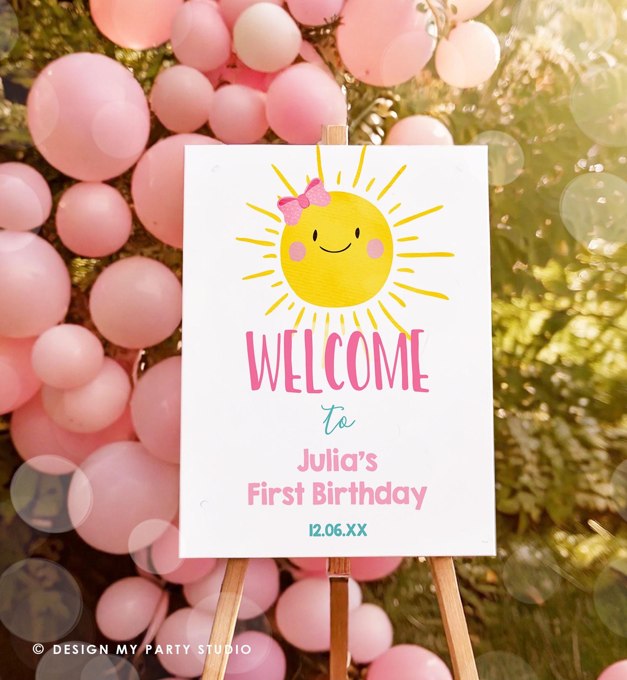 Editable Sunshine Welcome Sign Little Sunshine Birthday Party Pink Girl One in The Sun Summer Lemonade Stand Digital Template Printable 0141