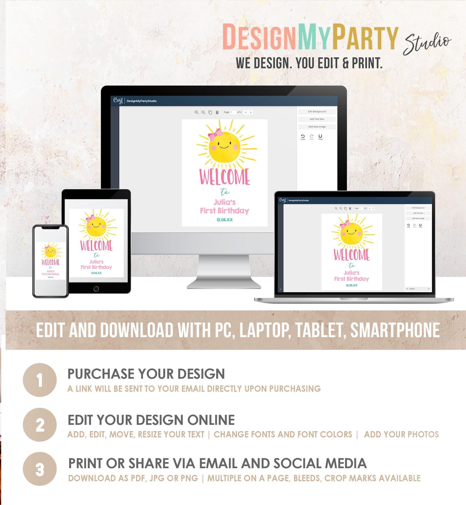 Editable Sunshine Welcome Sign Little Sunshine Birthday Party Pink Girl One in The Sun Summer Lemonade Stand Digital Template Printable 0141