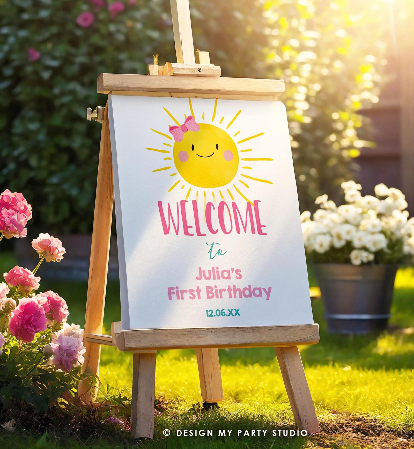 Editable Sunshine Welcome Sign Little Sunshine Birthday Party Pink Girl One in The Sun Summer Lemonade Stand Digital Template Printable 0141