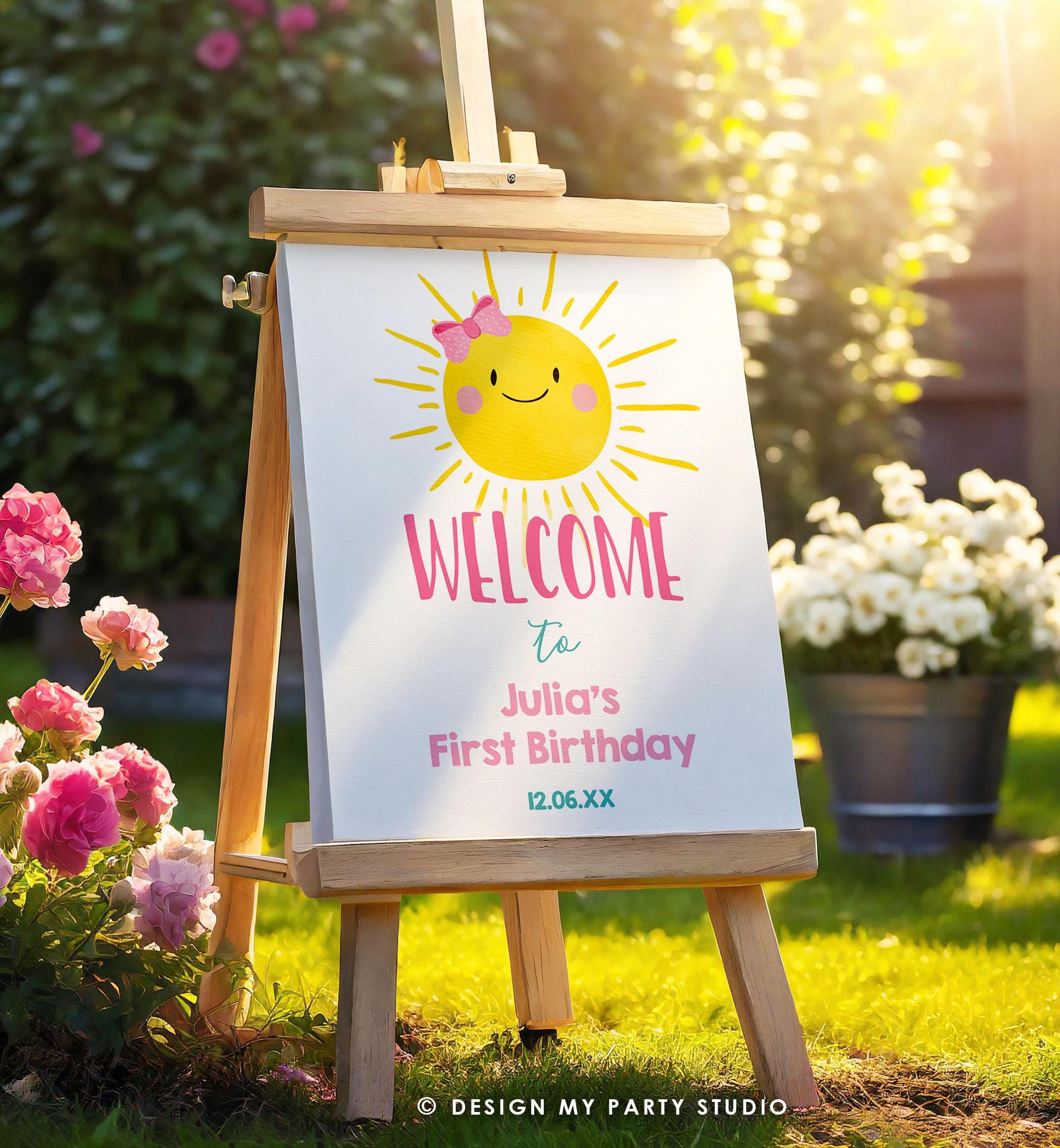 Editable Sunshine Welcome Sign Little Sunshine Birthday Party Pink Girl One in The Sun Summer Lemonade Stand Digital Template Printable 0141