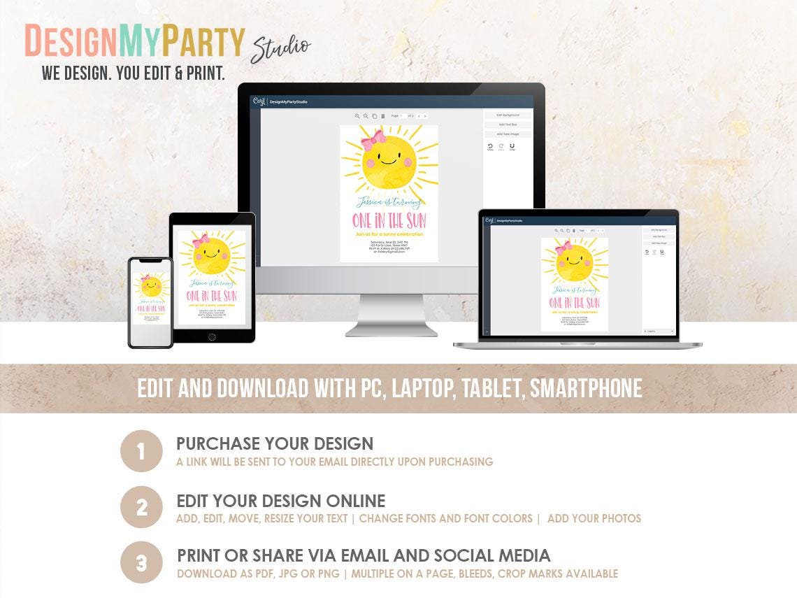 On in The Sun Birthday Invitation Bundle 1st Sunshine Party Girl Kit Package Summer Little Sunshine Digital Download Template Printable 0141