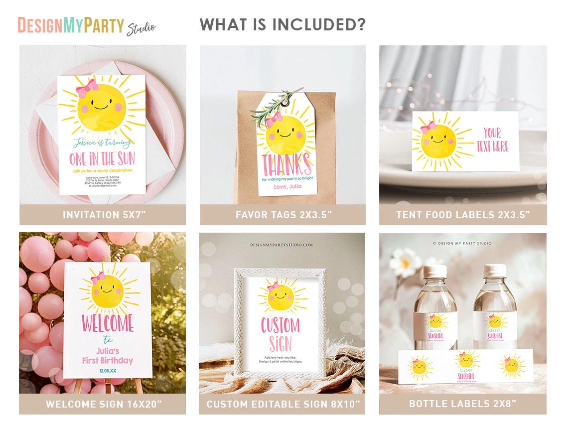 On in The Sun Birthday Invitation Bundle 1st Sunshine Party Girl Kit Package Summer Little Sunshine Digital Download Template Printable 0141