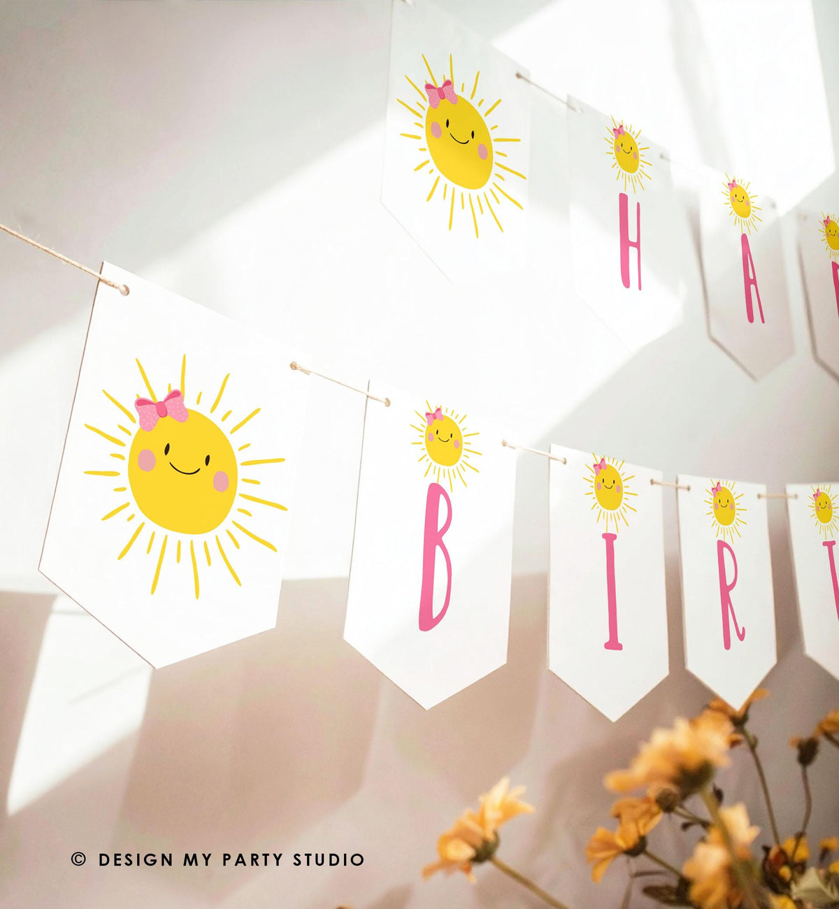 Little Sunshine Happy Birthday Banner Sunshine Banner One in The Sun Girl Pink Summer Party Decor Instant Download Printable Digital 0141