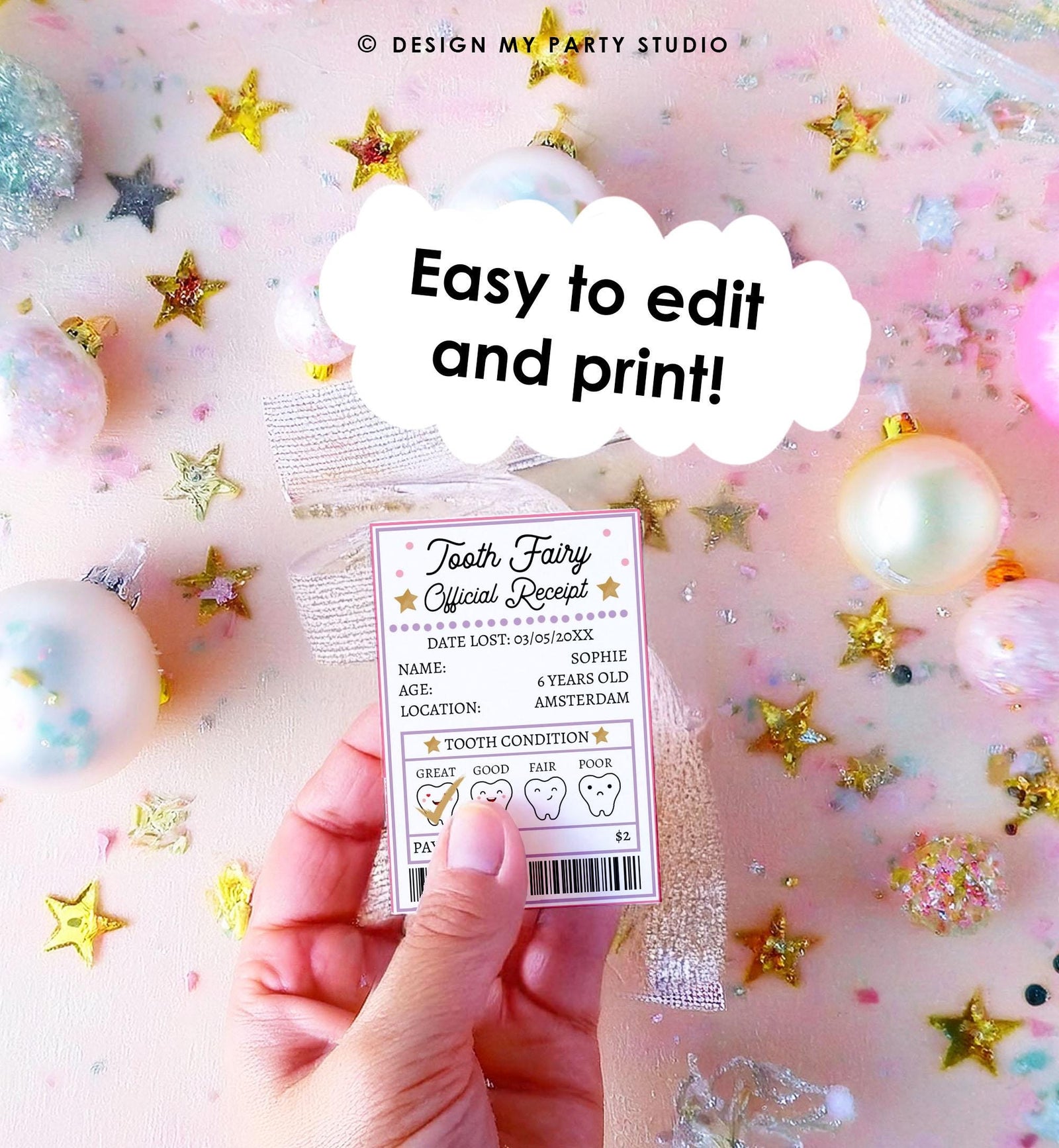 Editable Mini Tooth Fairy Set Pink Receipt and Letter with Envelope Tooth Fairy Kit Lost Tooth Fairy Note Digital Template Printable 0526