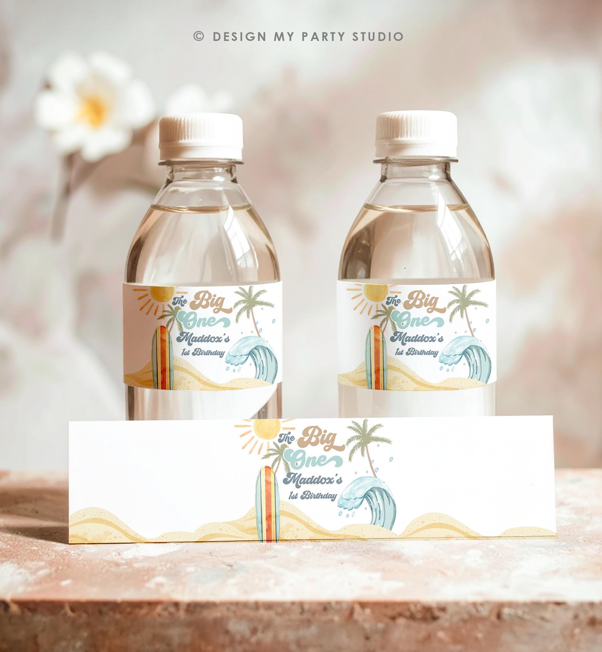 Editable Surf Water Bottle Label The Big One Party Decor Surf 1st Birthday Retro Boy Surfboard Digital Download Template Printable 0433