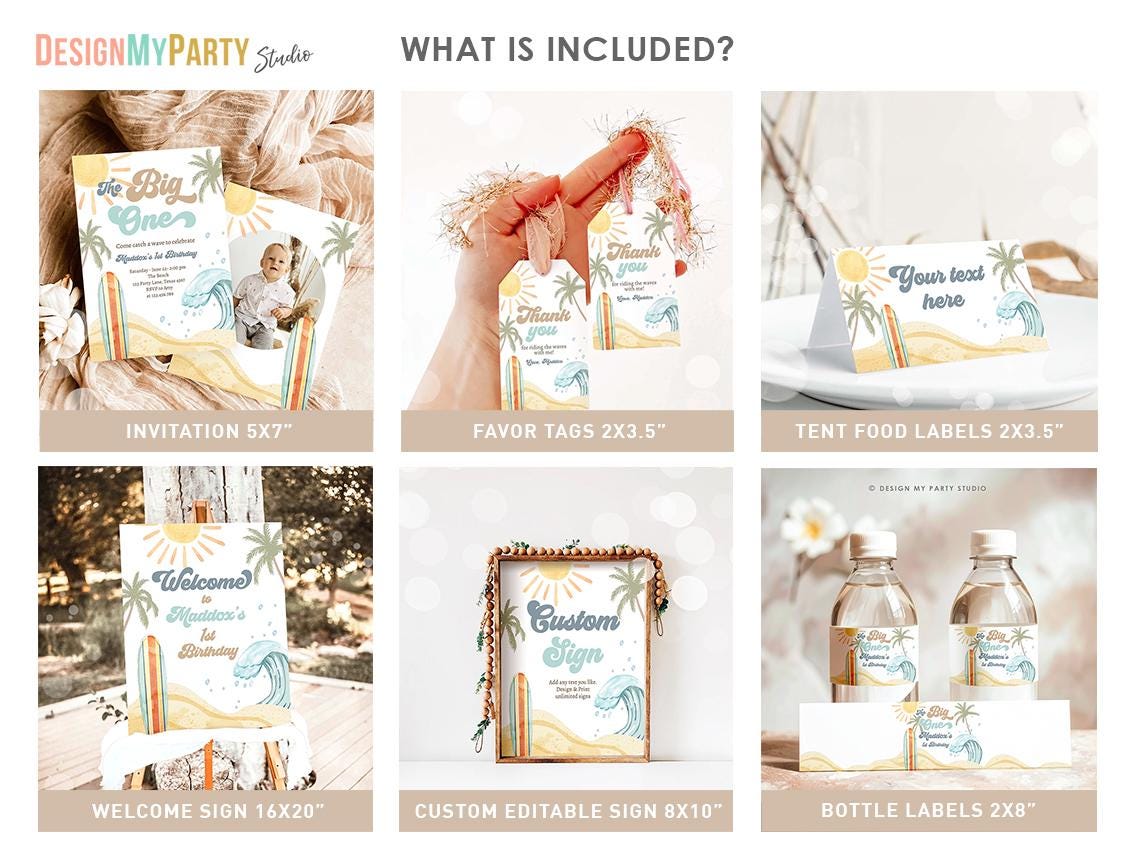 Surf Birthday Invitation Bundle Surfing The Big One Beach Summer Boy First Birthday Retro Groovy Surfboard Digital Template Printable 0433