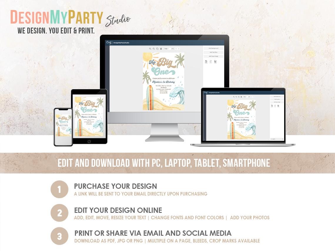 Surf Birthday Invitation Bundle Surfing The Big One Beach Summer Boy First Birthday Retro Groovy Surfboard Digital Template Printable 0433