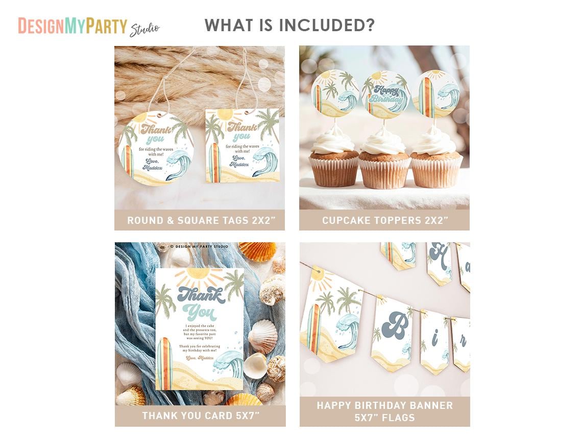 Surf Birthday Invitation Bundle Surfing The Big One Beach Summer Boy First Birthday Retro Groovy Surfboard Digital Template Printable 0433