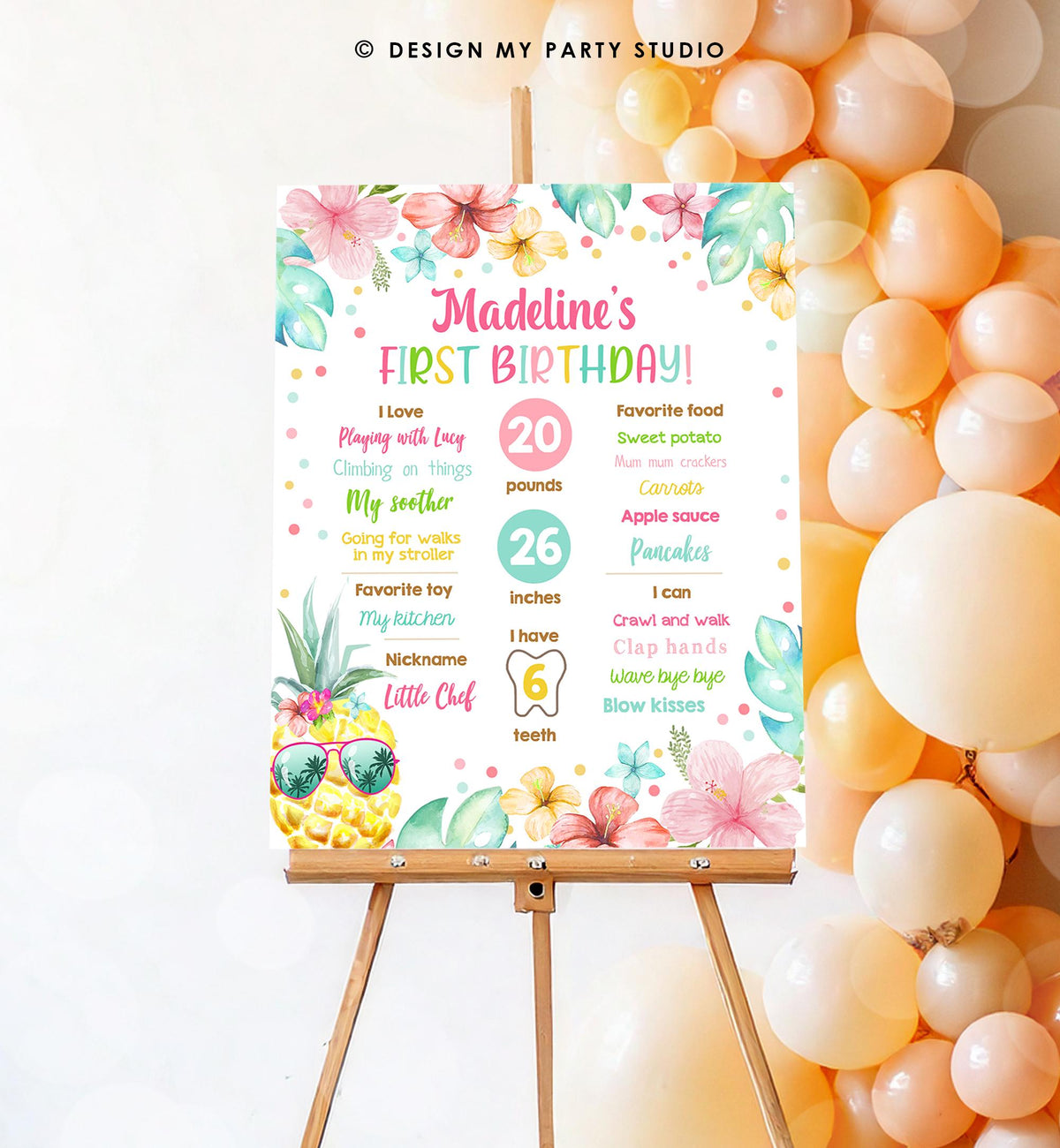 Editable Luau Pineapple Sunshine Birthday Milestone Sign Summer First Birthday 1st Birthday Girl Pink Aloha Digital Template Printable 0391