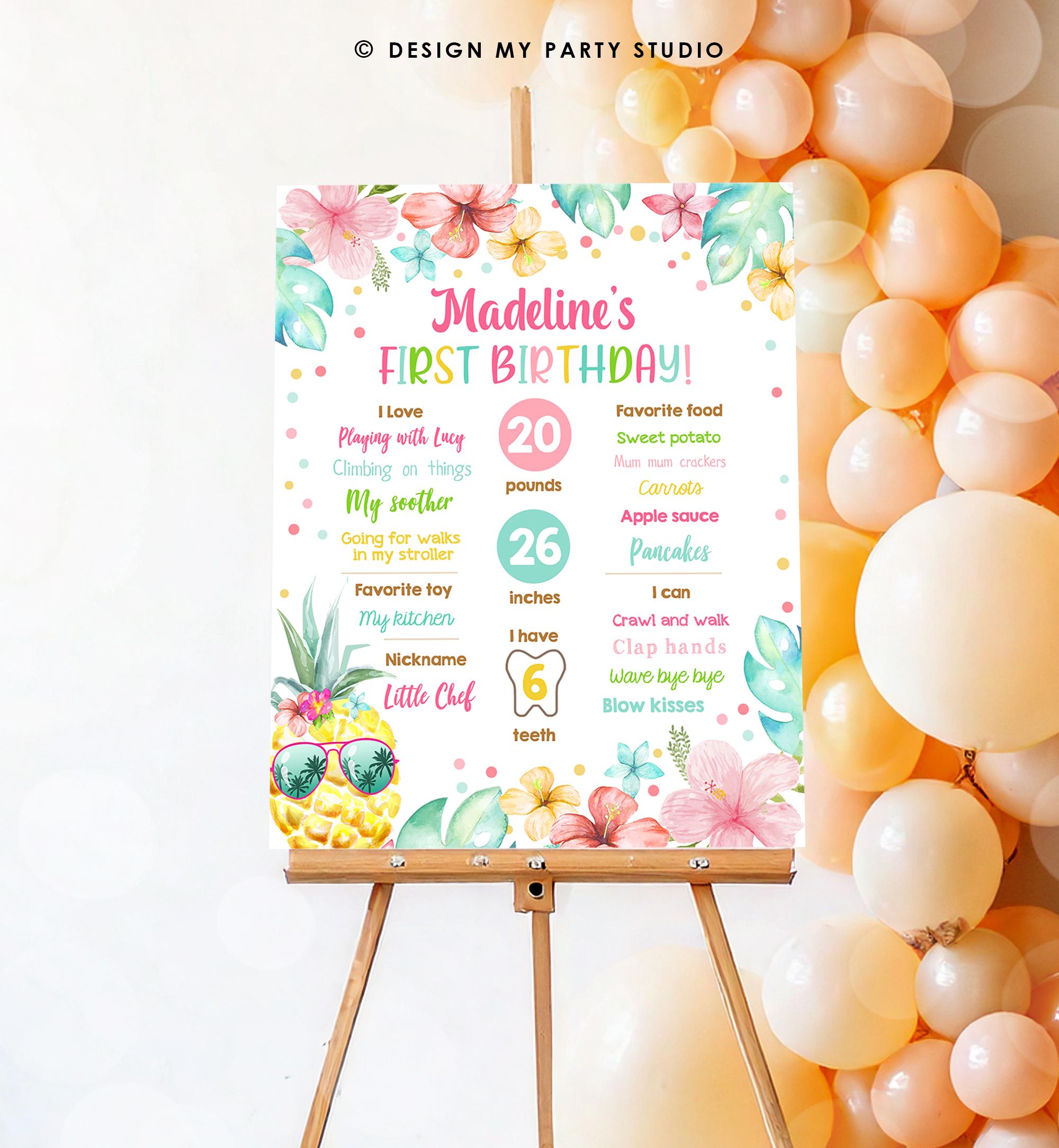 Editable Luau Pineapple Sunshine Birthday Milestone Sign Summer First Birthday 1st Birthday Girl Pink Aloha Digital Template Printable 0391