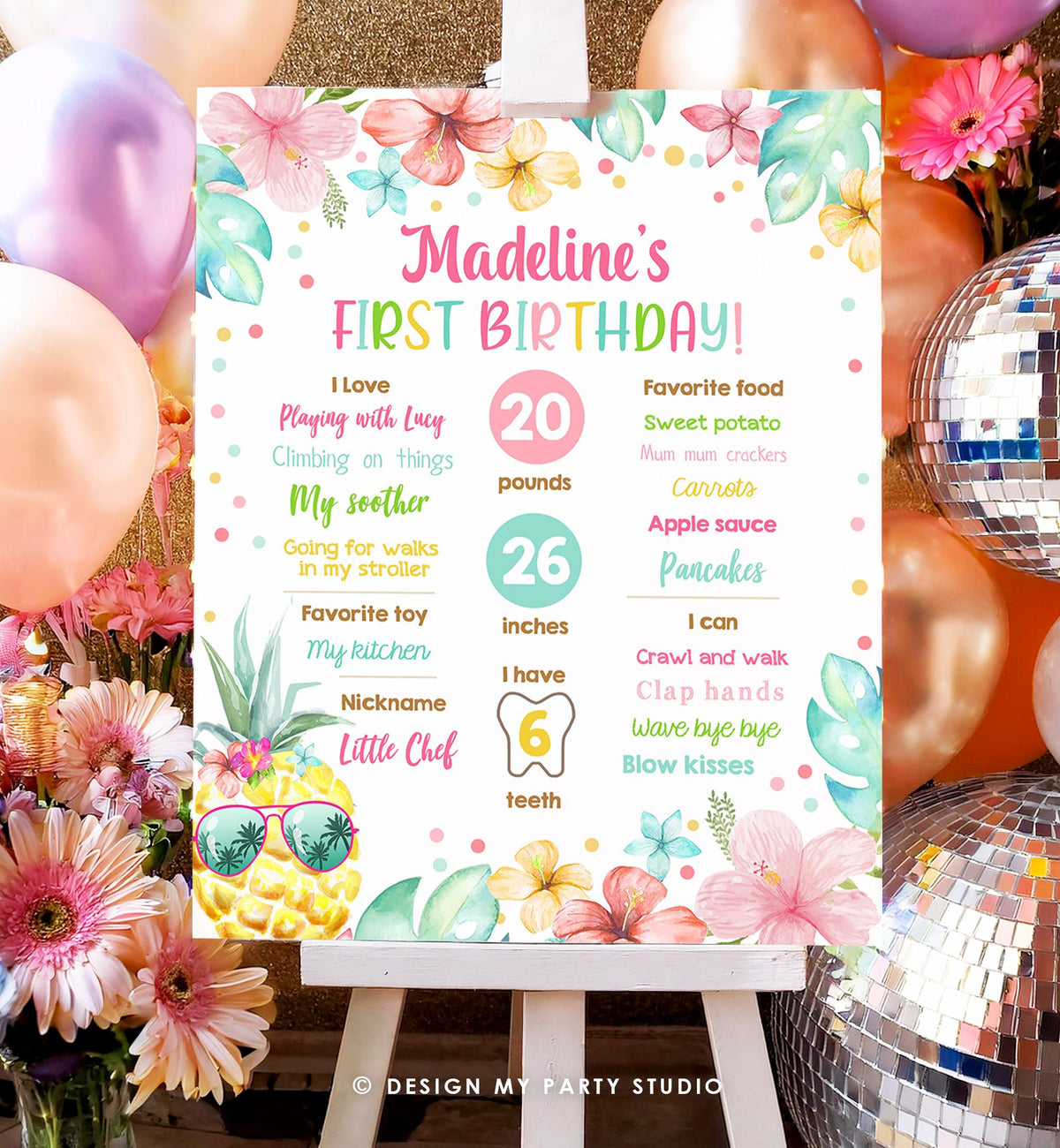 Editable Luau Pineapple Sunshine Birthday Milestone Sign Summer First Birthday 1st Birthday Girl Pink Aloha Digital Template Printable 0391
