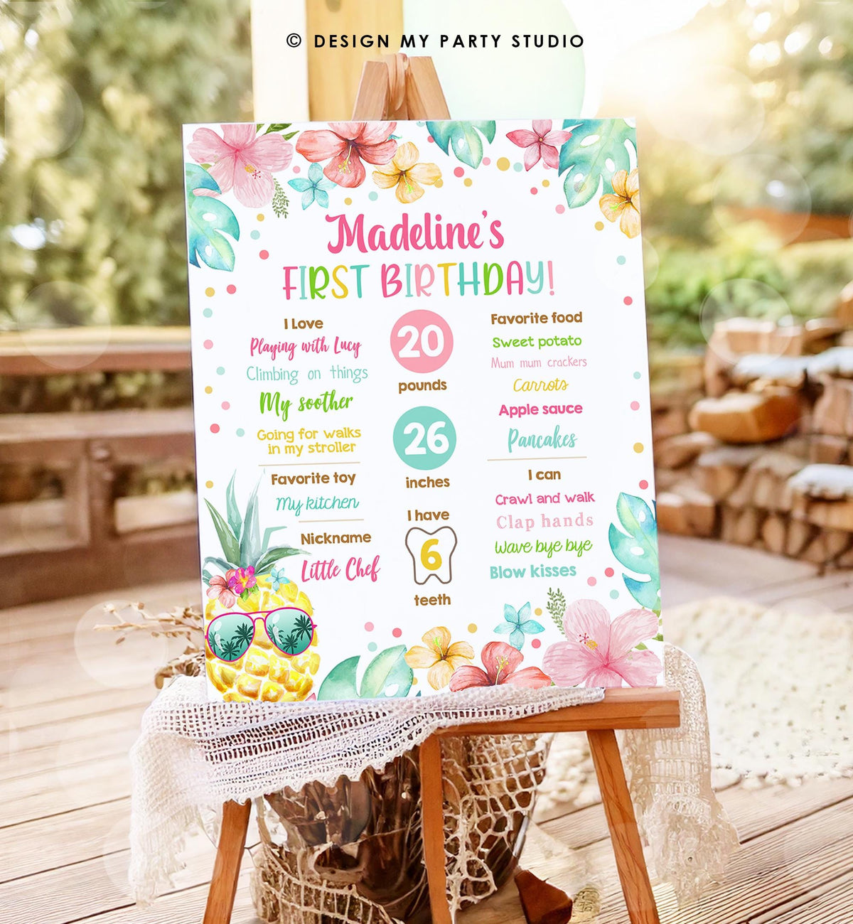 Editable Luau Pineapple Sunshine Birthday Milestone Sign Summer First Birthday 1st Birthday Girl Pink Aloha Digital Template Printable 0391