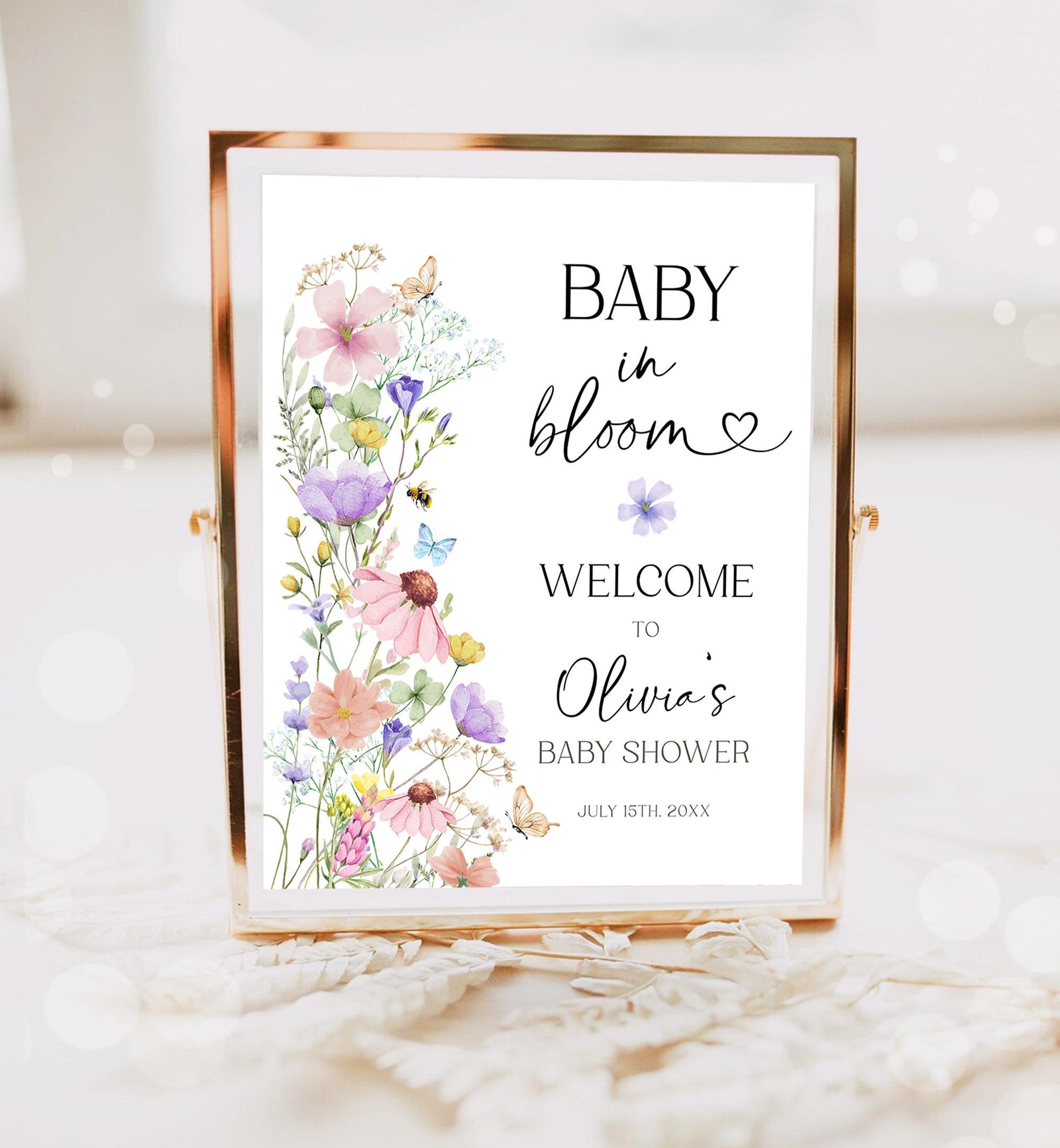 Editable Baby in Bloom Baby Shower Welcome Sign Wildflowers Floral Butterflies Wild Flower Digital Download Template Printable 0543