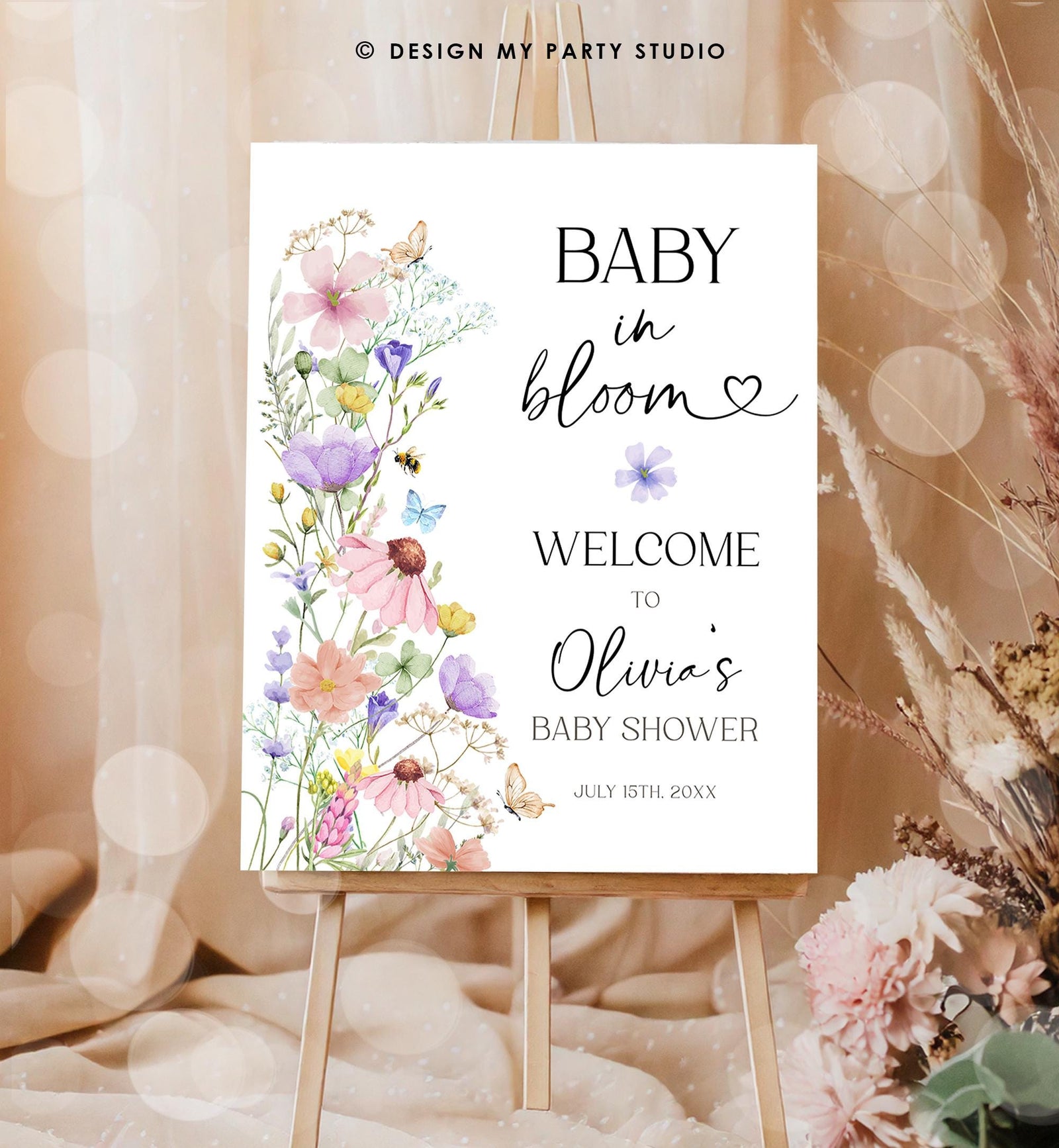 Editable Baby in Bloom Baby Shower Welcome Sign Wildflowers Floral Butterflies Wild Flower Digital Download Template Printable 0543