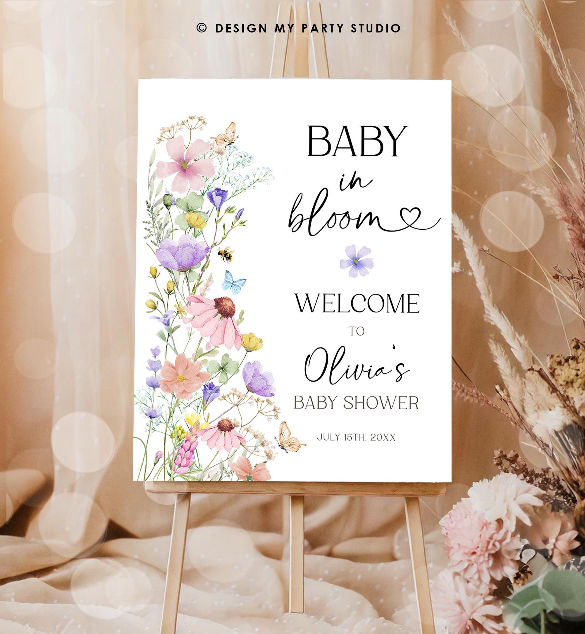 Editable Baby in Bloom Baby Shower Welcome Sign Wildflowers Floral Butterflies Wild Flower Digital Download Template Printable 0543