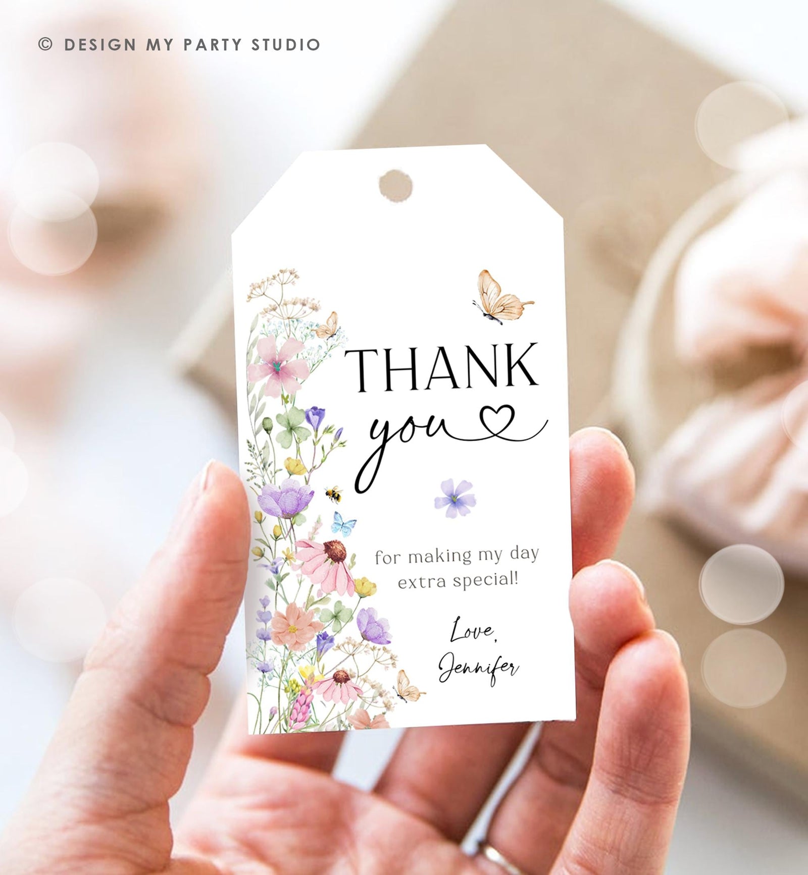 Editable Wildflowers Favor Tag Wildflower Thank You Tag Girl 1st Birthday Garden Party Gift Tag Butterfly Digital Template Printable 0543