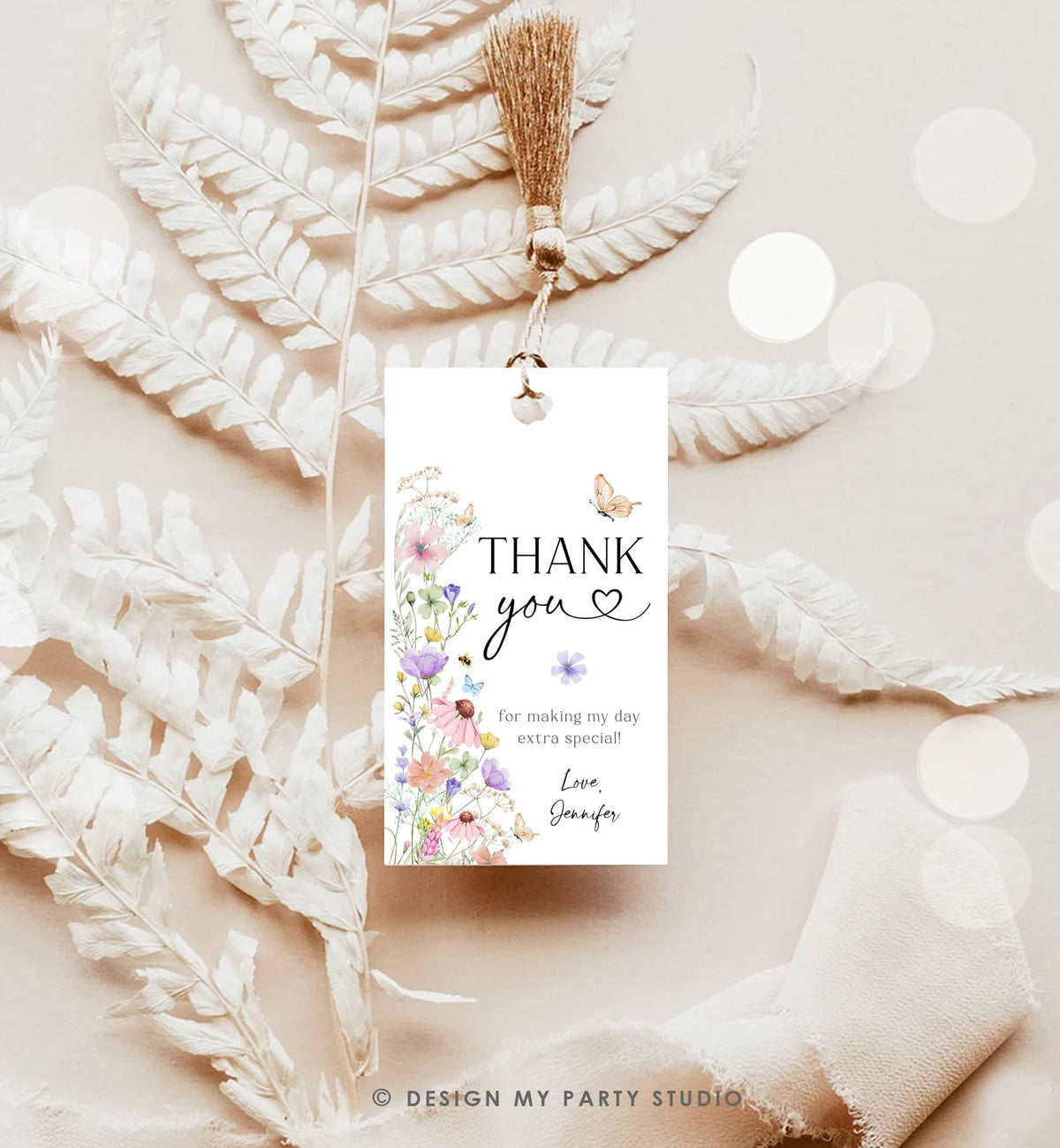 Editable Wildflowers Favor Tag Wildflower Thank You Tag Girl 1st Birthday Garden Party Gift Tag Butterfly Digital Template Printable 0543