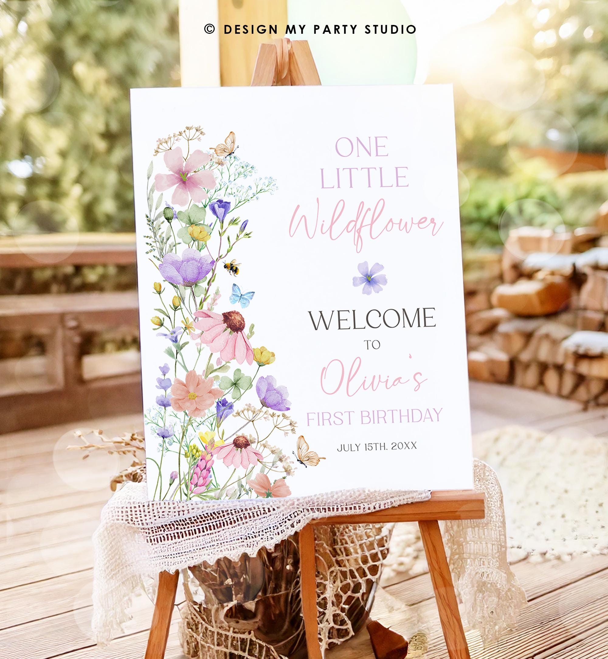 Editable One Little Wildflower Birthday Welcome Sign Wildflowers Floral Butterflies Wild Flower Digital Download Template Printable 0543
