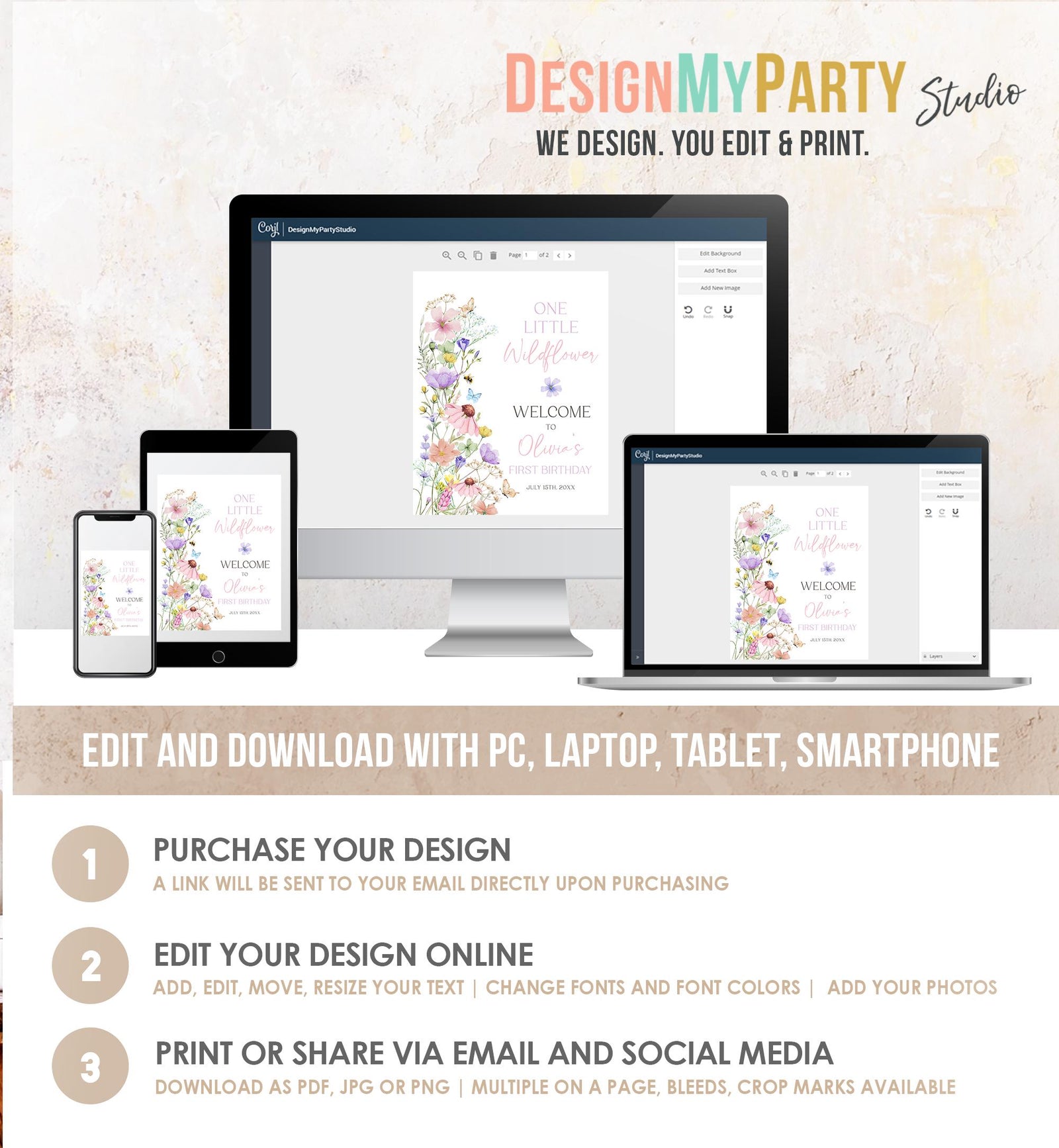 Editable One Little Wildflower Birthday Welcome Sign Wildflowers Floral Butterflies Wild Flower Digital Download Template Printable 0543