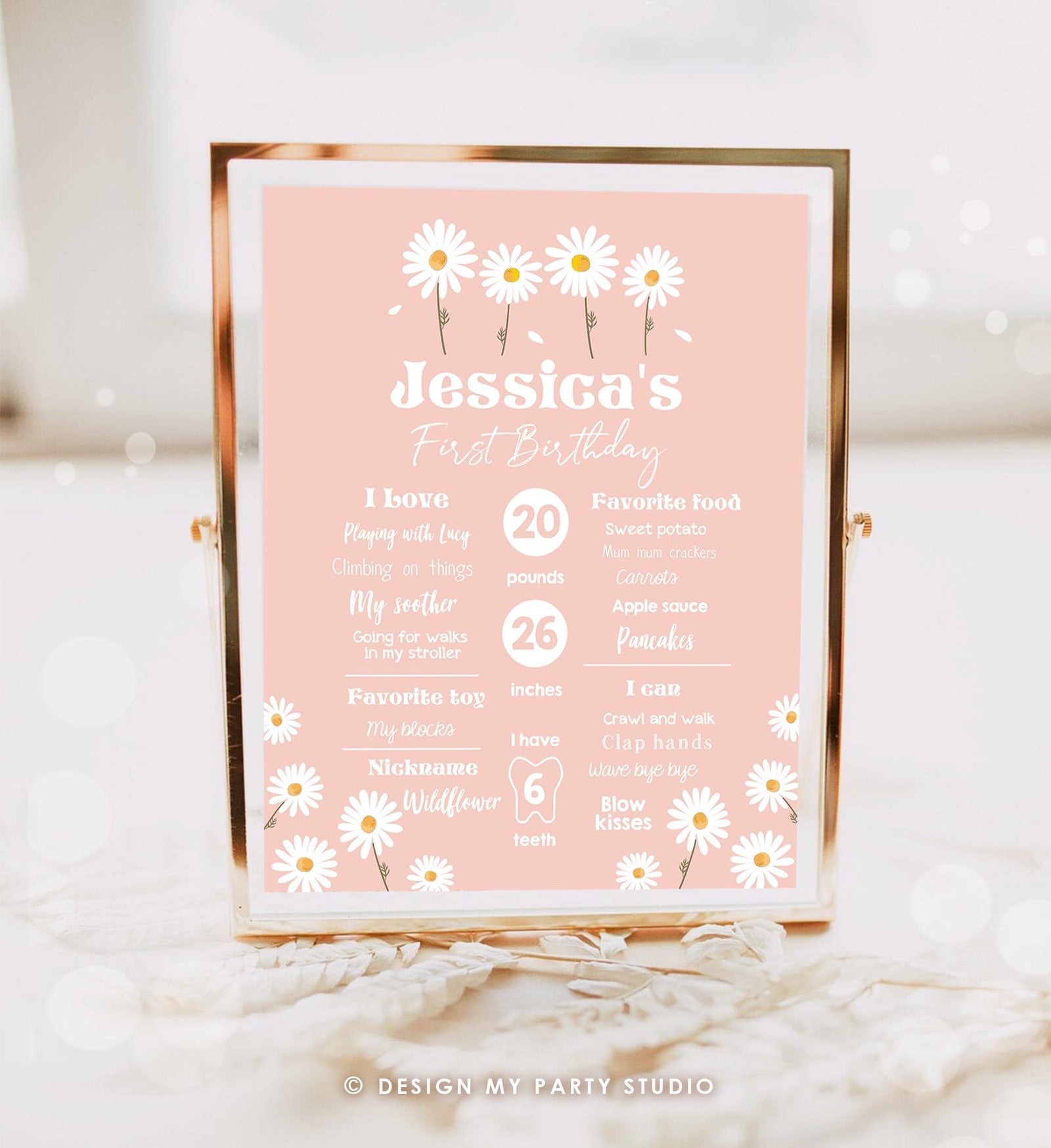 Editable Daisy Milestone Poster Daisy Birthday Milestones Sign Girl Floral Boho Daisies 1st Birthday Stats Template Printable Corjl 0410