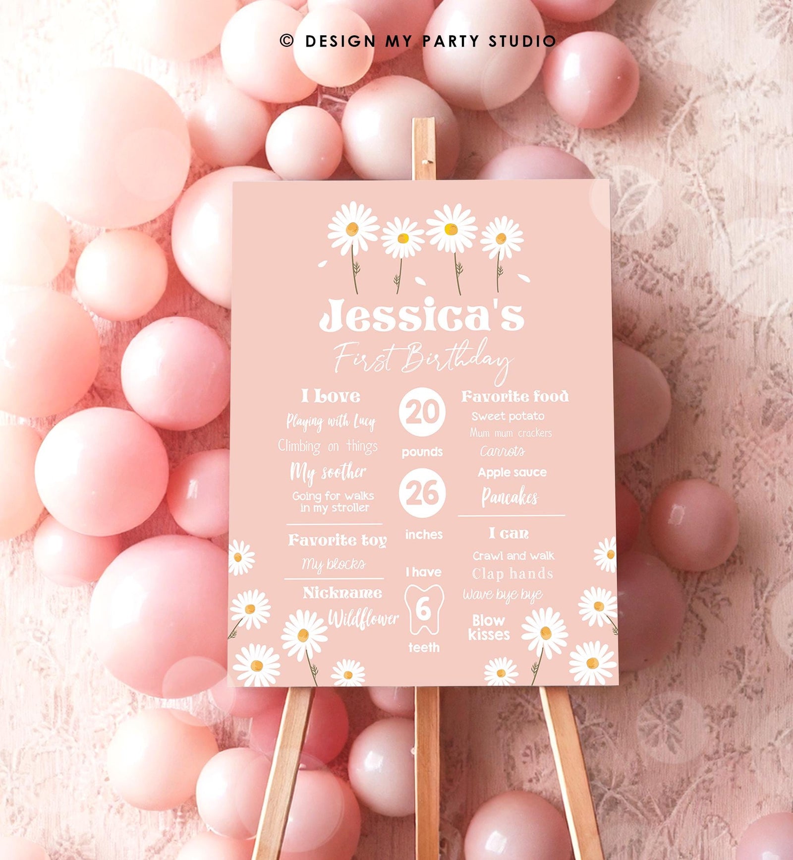 Editable Daisy Milestone Poster Daisy Birthday Milestones Sign Girl Floral Boho Daisies 1st Birthday Stats Template Printable Corjl 0410