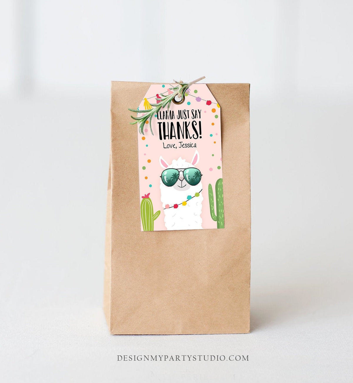 May include: A brown paper gift bag with a pink and white llama thank you tag. The tag has a llama wearing sunglasses and a string of colorful lights around its neck. The text on the tag reads &amp;#39;Llama Just Say Thanks! Love, Jessica&amp;#39;.