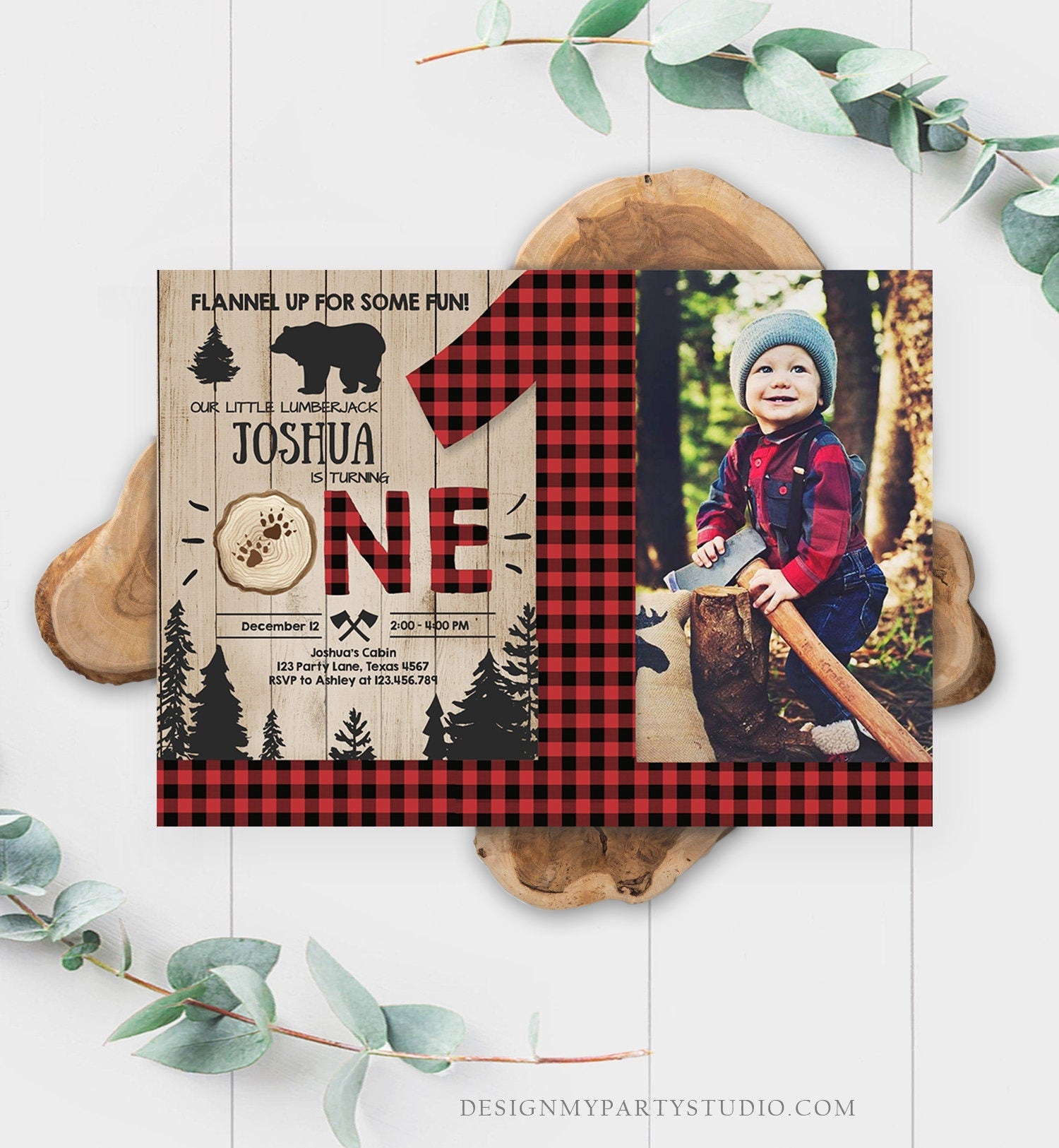 Editable Lumberjack Birthday Invitation Rustic Woodland First Birthday Bear Buffalo Plaid Forest Wilderness Printable Corjl Template 0191