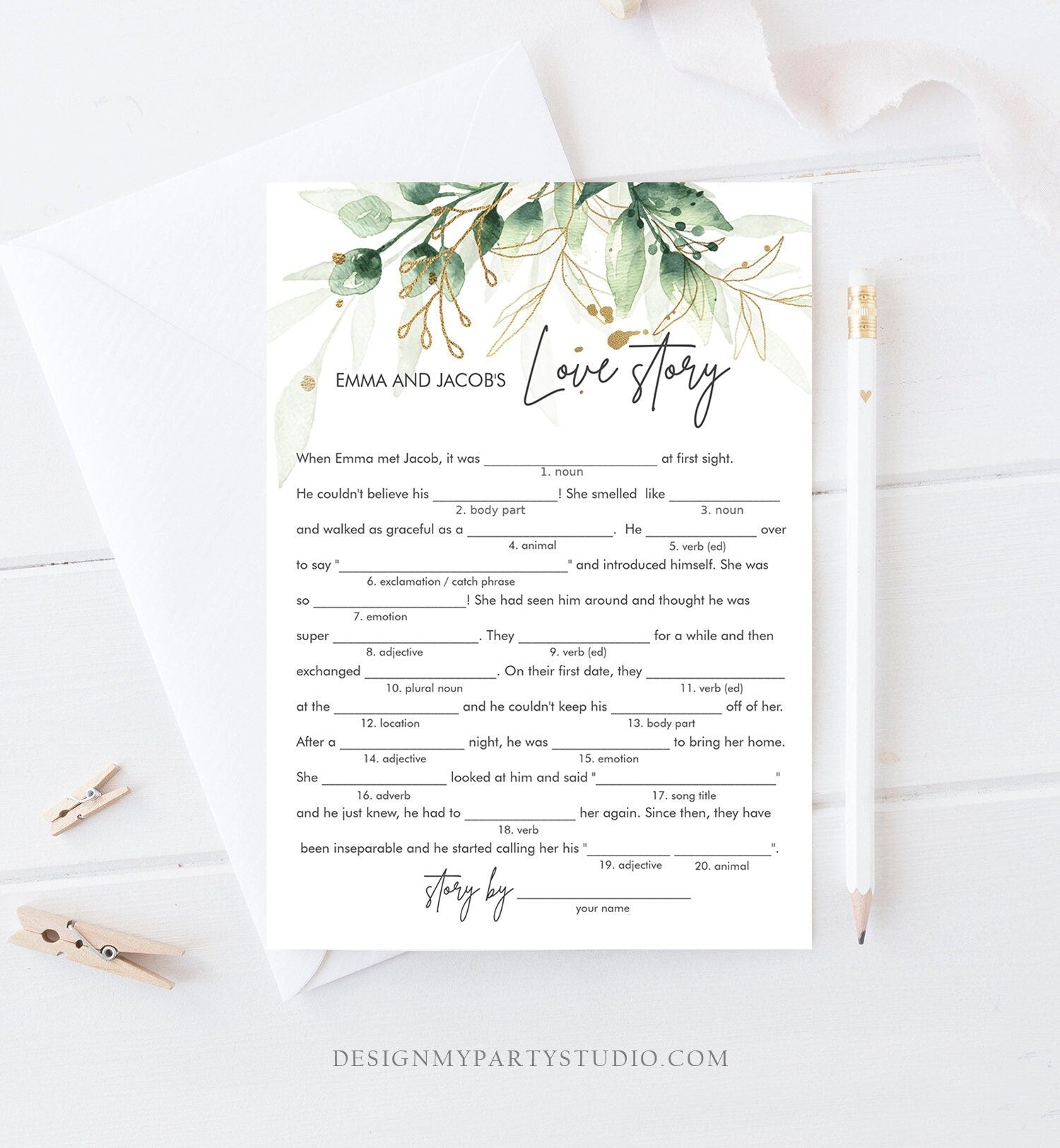 May include: A printable love story game with a watercolor green and gold floral design. The game is designed for a wedding shower or engagement party. The text on the game reads &#39;Emma and Jacob&#39;s Love Story&#39; and includes fill-in-the-blank prompts for guests to complete. The game is designed to be a fun and interactive way for guests to learn about the couple&#39;s love story.