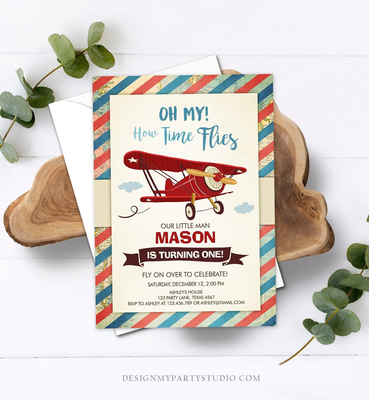 May include: A red and blue striped invitation with a red airplane flying in the clouds. The invitation reads &amp;#39;Oh My! How Time Flies&amp;#39;, &amp;#39;Our Little Man Mason Is Turning One!&amp;#39;, &amp;#39;Fly On Over To Celebrate! Saturday, December 12, 2:00 PM&amp;#39;, &amp;#39;Ashley&amp;#39;s House 123 Party Lane, Texas 4567&amp;#39;, &amp;#39;RSVP to Ashley at 123.456.789 or ashley@gmail.com&amp;#39; and &amp;#39;DesignMyPartyStudio.com&amp;#39;.