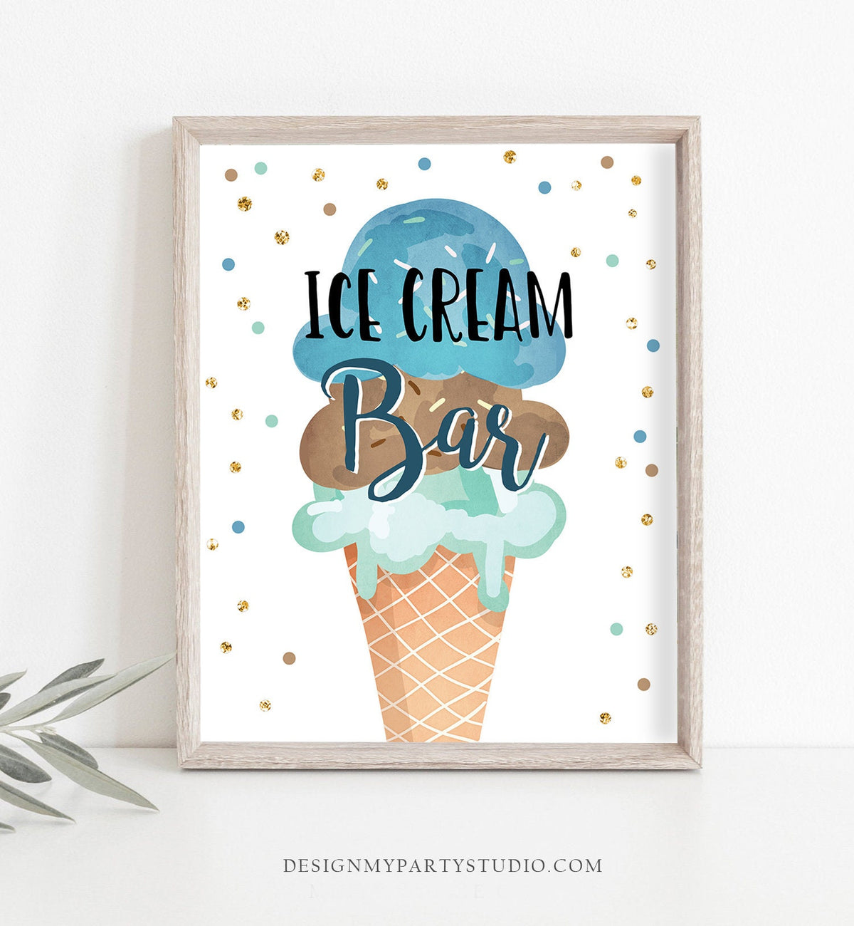 May include: A printable sign with an illustration of a triple scoop ice cream cone. The ice cream scoops are blue, brown, and green. The cone is orange and white. The sign has gold and blue confetti and the text &amp;#39;ICE CREAM Bar&amp;#39;.
