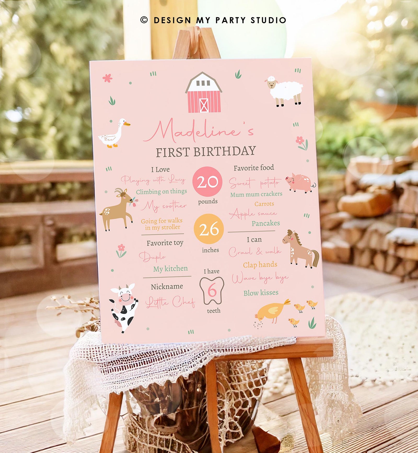 Editable Farm Animals Birthday Milestone Sign Girl Pink Farm Minimalist Barnyard Bash Barnyard Sign Floral Digital Template Printable 0436