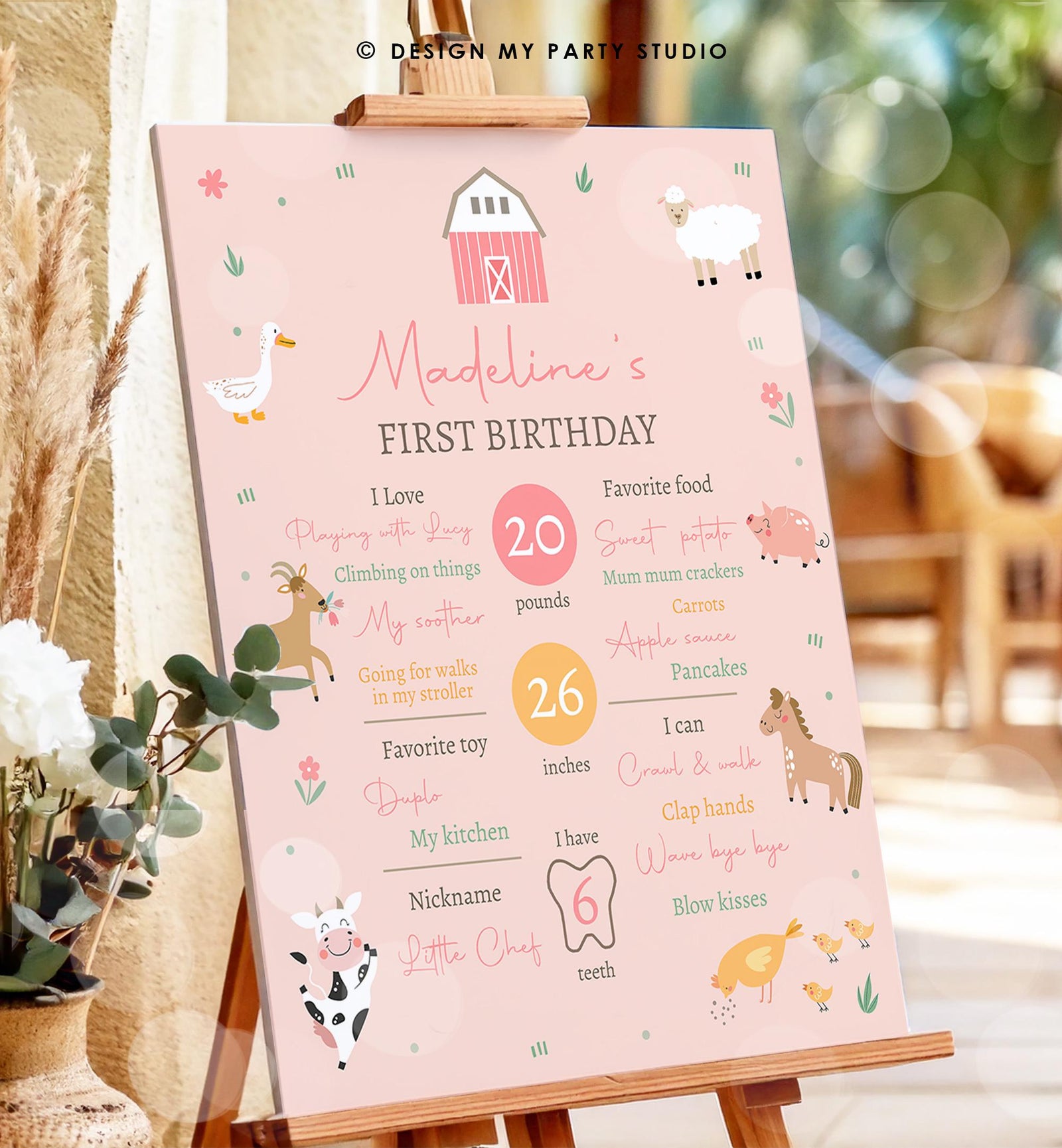 Editable Farm Animals Birthday Milestone Sign Girl Pink Farm Minimalist Barnyard Bash Barnyard Sign Floral Digital Template Printable 0436