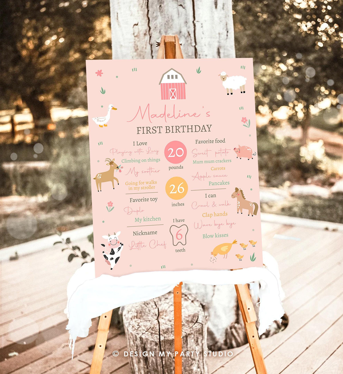 Editable Farm Animals Birthday Milestone Sign Girl Pink Farm Minimalist Barnyard Bash Barnyard Sign Floral Digital Template Printable 0436