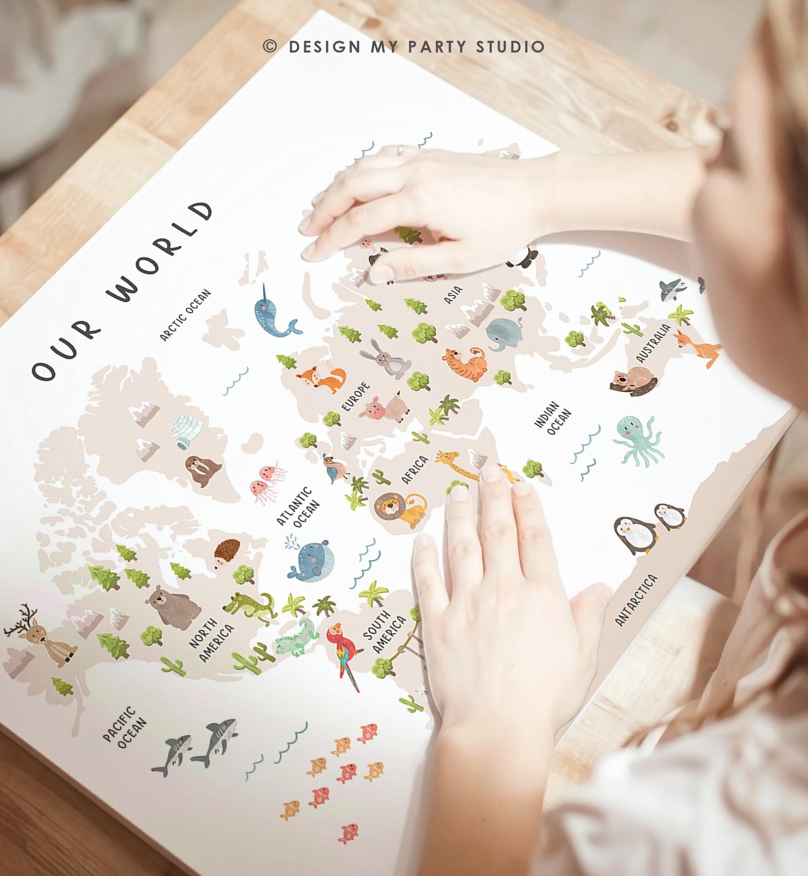 Animal World Map Poster Educational Safari Animals Nursey Classroom School Activity Kids Sign Montessori Instant Download Printable 0550