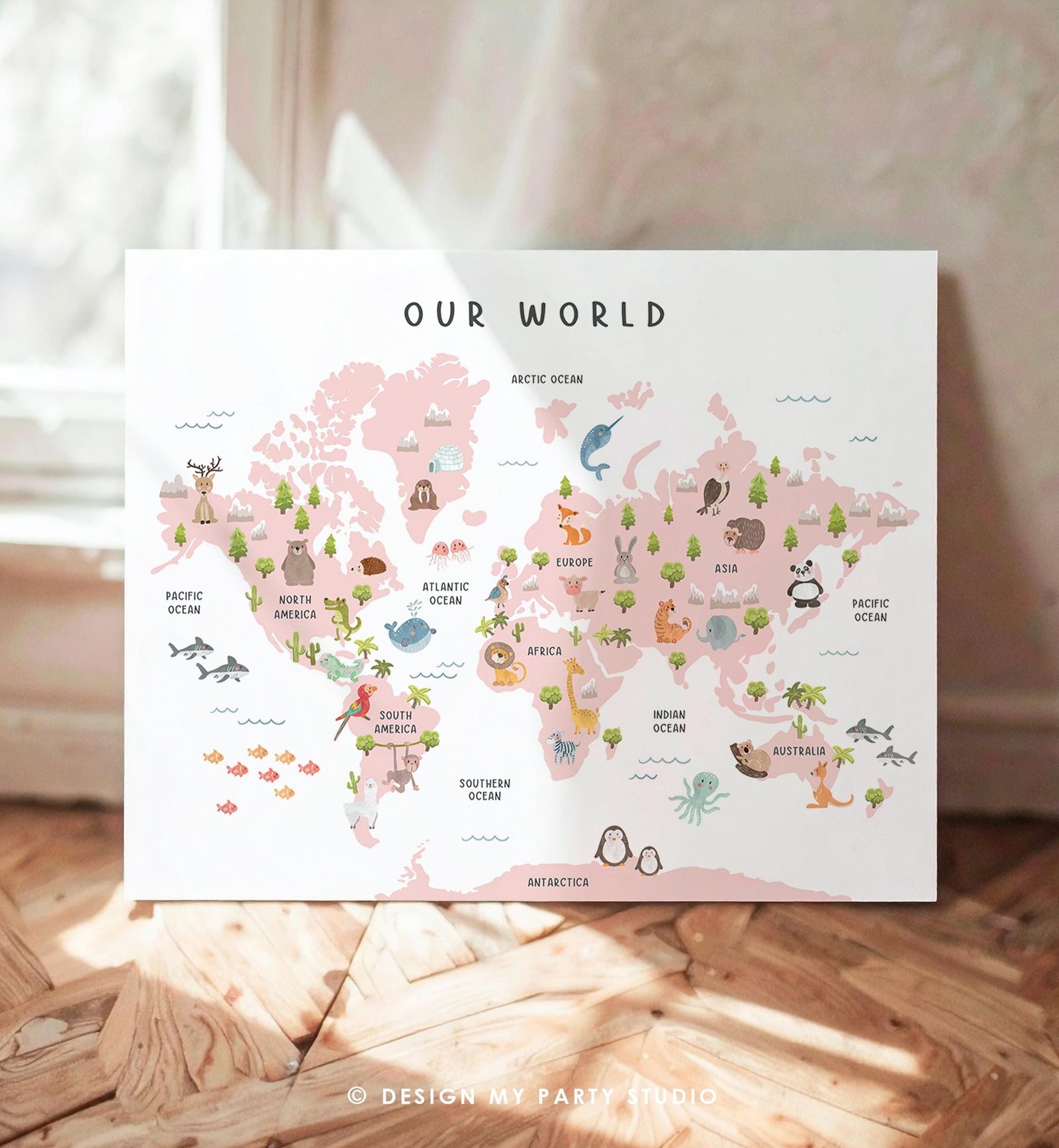 Animal World Map Poster Educational Safari Animals Nursey Classroom School Activity Kids Pink Montessori Instant Download Printable 0550