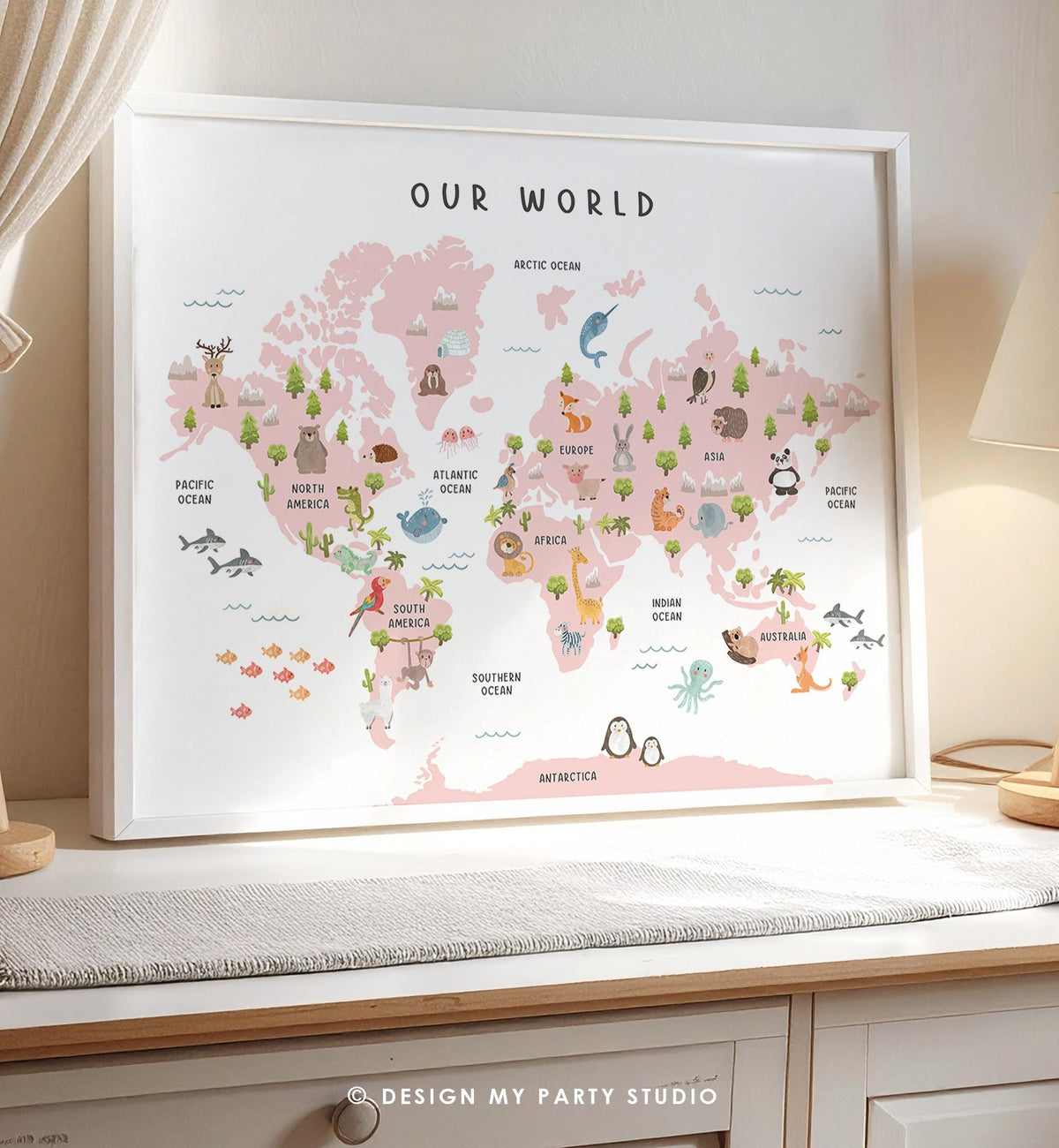 Animal World Map Poster Educational Safari Animals Nursey Classroom School Activity Kids Pink Montessori Instant Download Printable 0550