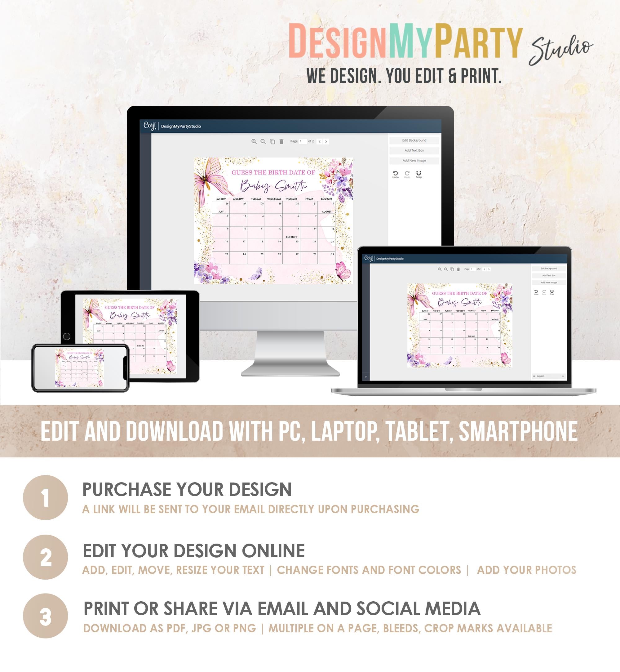 Editable Guess the Birth Date Little Butterfly Baby Shower Activity Game Guess Birthday Garden Pink Floral Gold Template Printable 0437