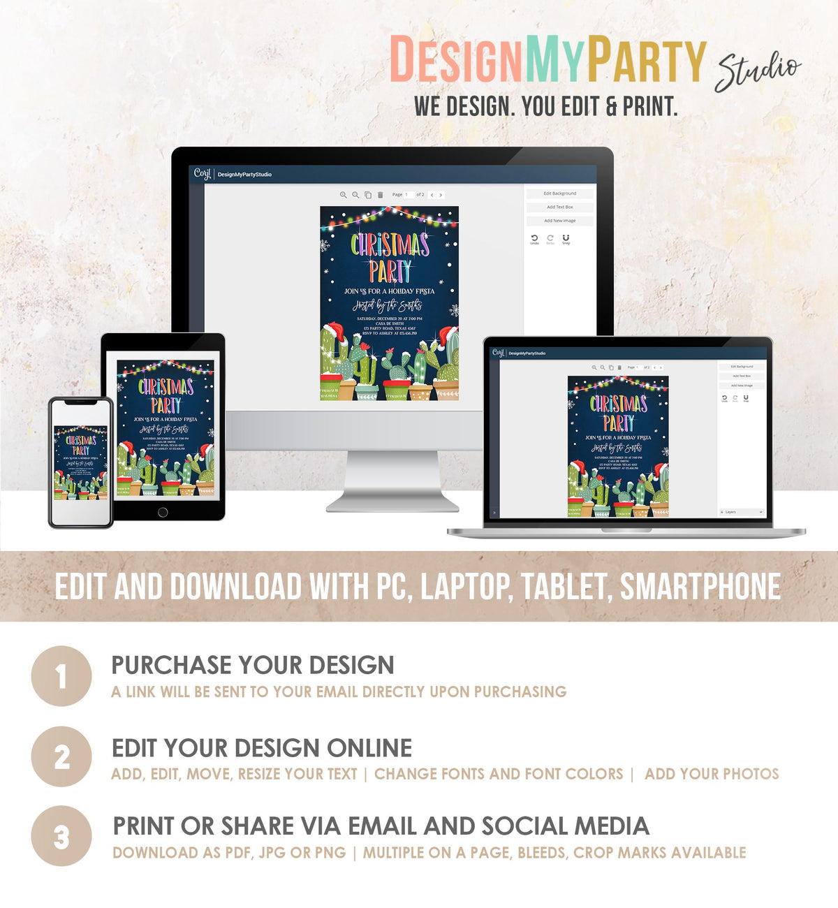 Editable Christmas Party Invitation Holiday Fiesta Cactus Mexican Feliz Navidad Xmas Party Digital Download Evite Template Printable 0273