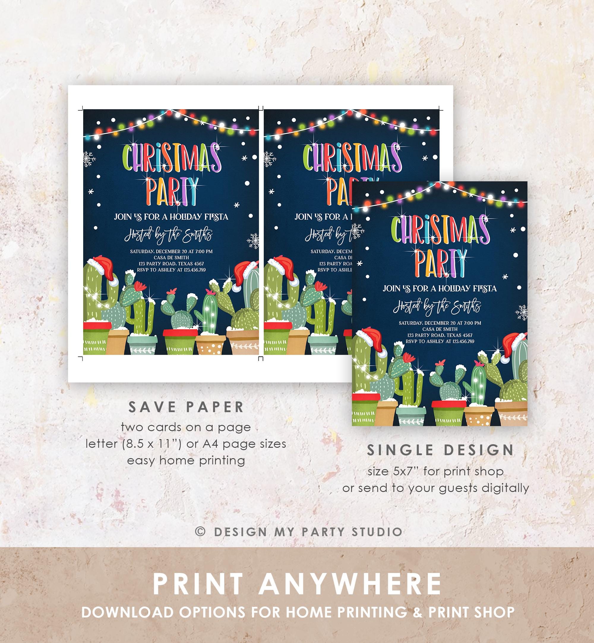 Editable Christmas Party Invitation Holiday Fiesta Cactus Mexican Feliz Navidad Xmas Party Digital Download Evite Template Printable 0273