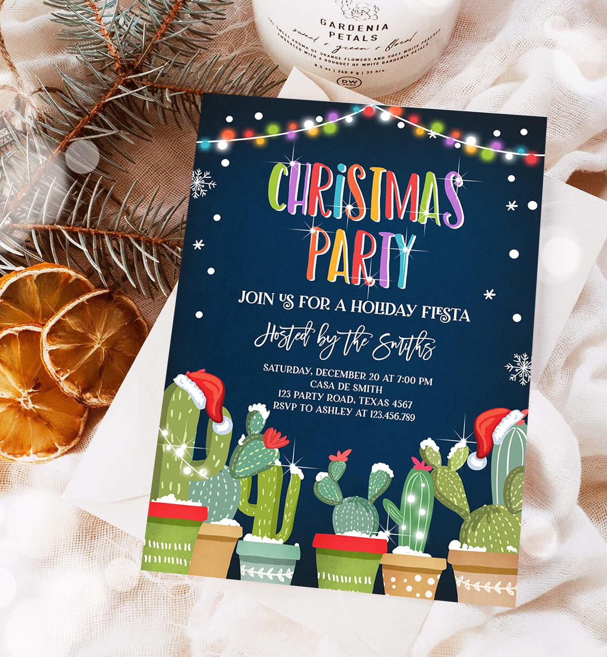 Editable Christmas Party Invitation Holiday Fiesta Cactus Mexican Feliz Navidad Xmas Party Digital Download Evite Template Printable 0273